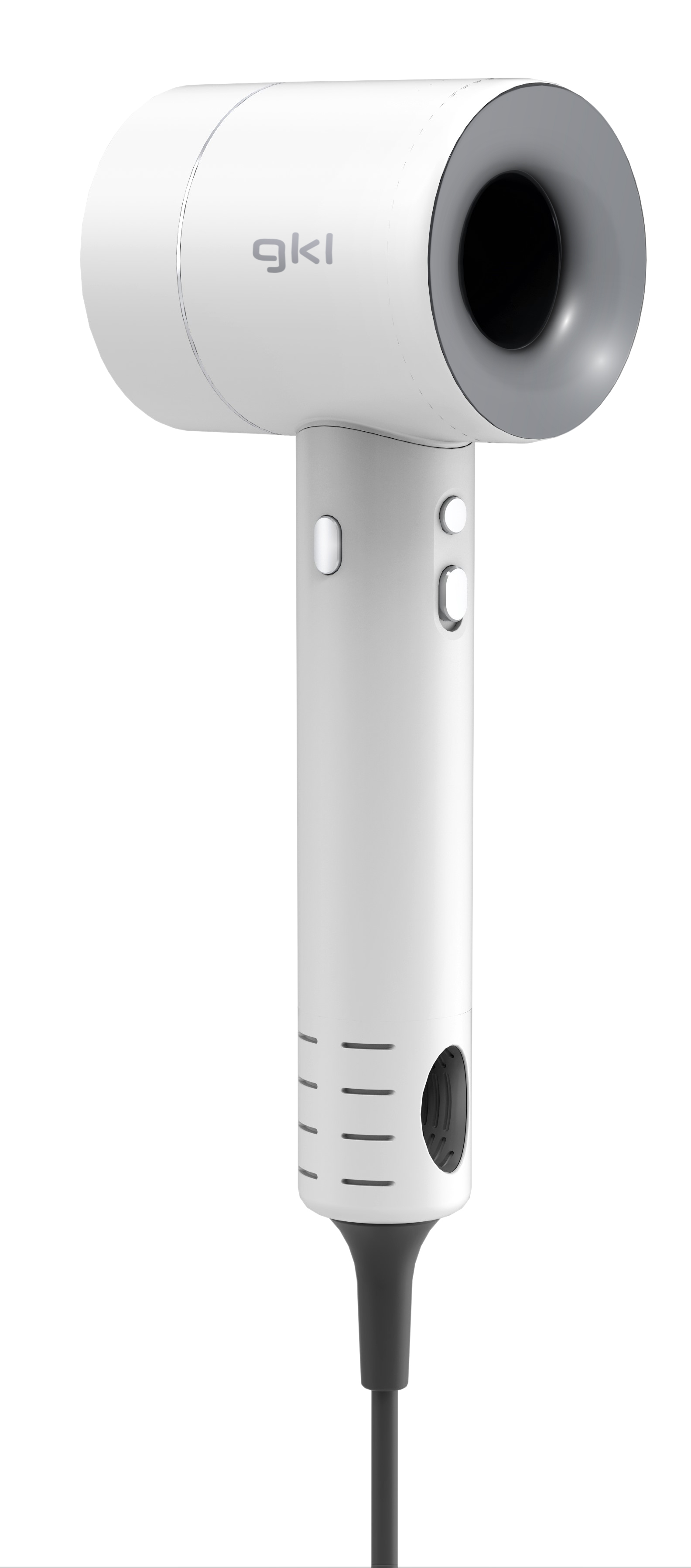 Asciugacapelli bianco e grigio su sfondo bianco.