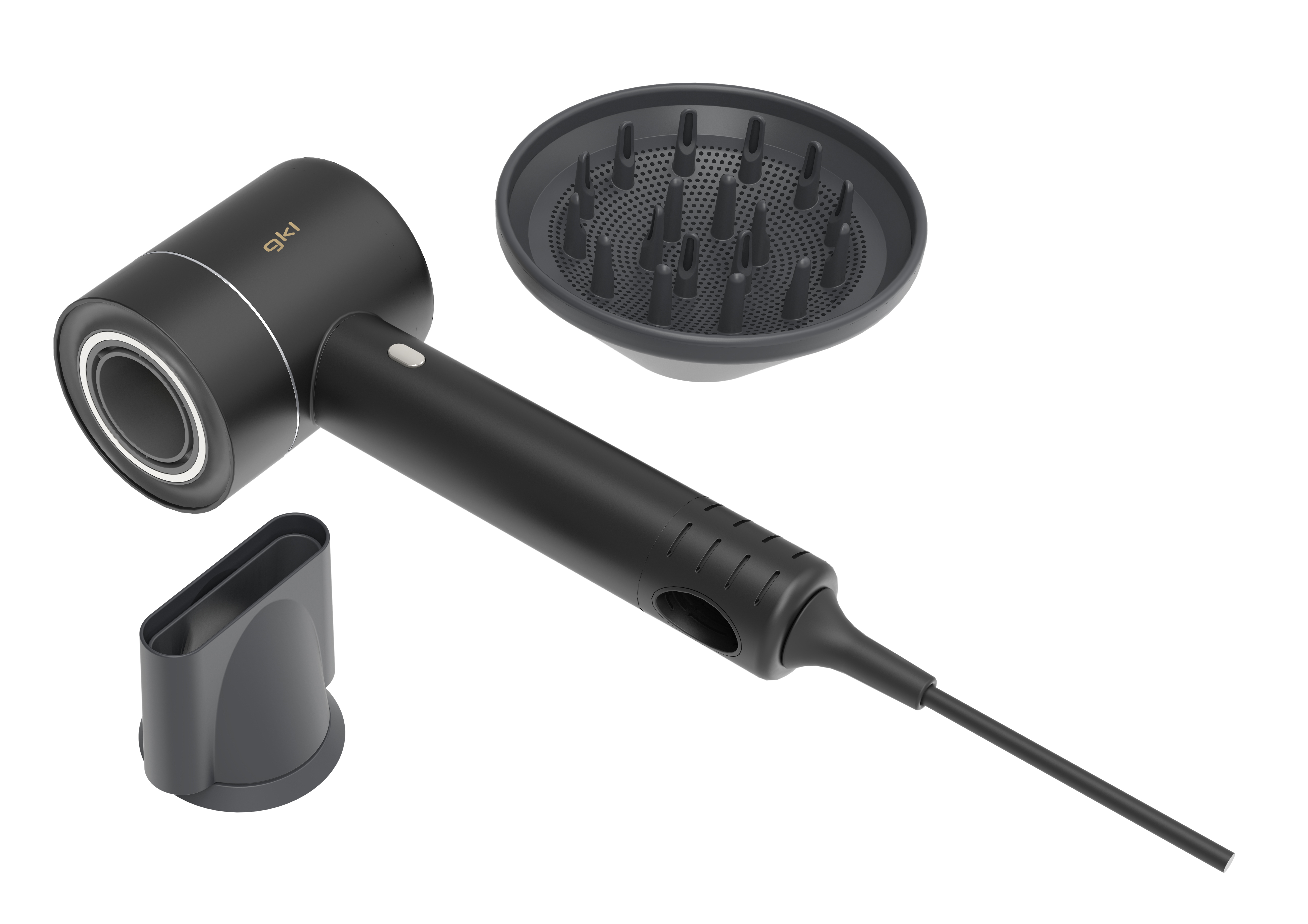 Secador de pelo negro con tres accesorios: difusor, boquilla y concentrador.