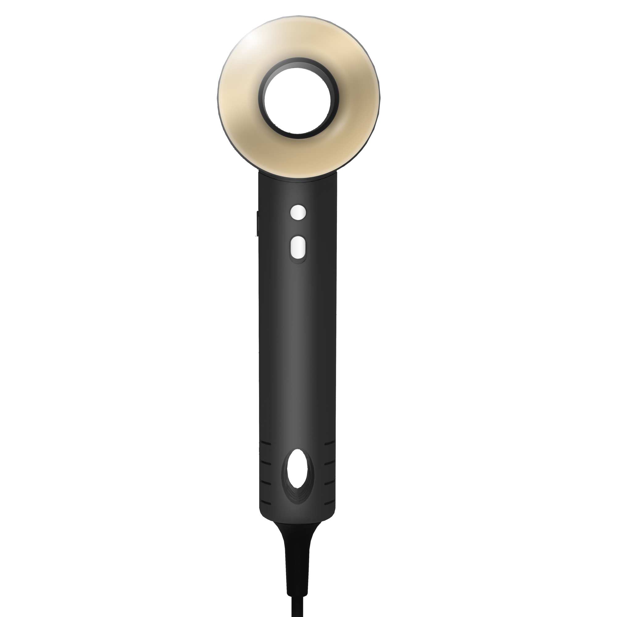 Secador de pelo negro y dorado con boquilla circular. Dos botones y cable de alimentación.
