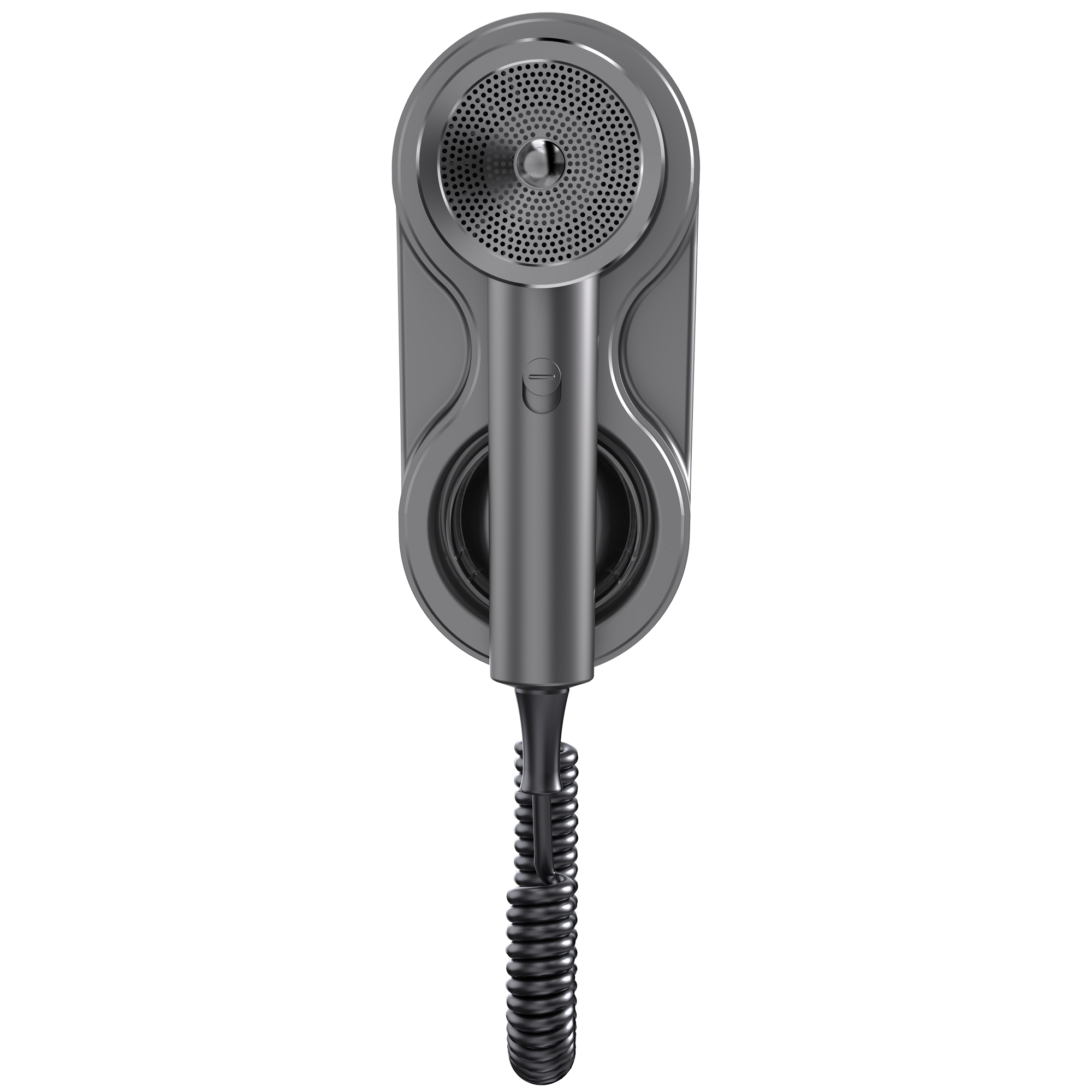 Un telefono grigio montato a parete, con un cavo a spirale che pende. Sfondo bianco.