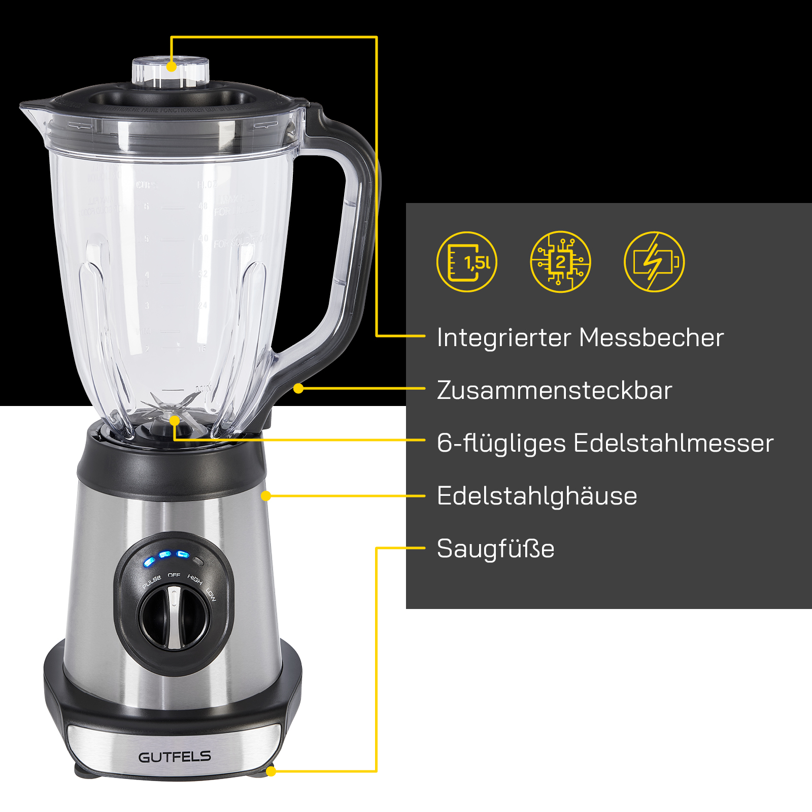 Ein silberner und schwarzer Mixer mit hervorgehobenen Teilen und beschrifteten Merkmalen.