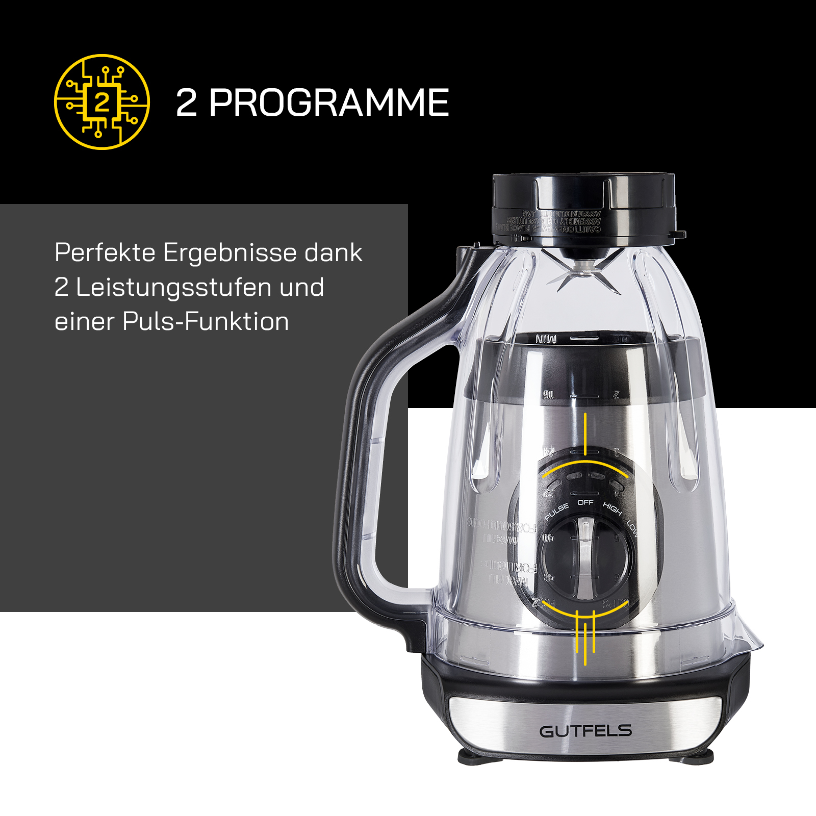 Ein Mixer mit transparentem Behälter, mit Text, der zwei Programme und eine Pulsfunktion anzeigt.