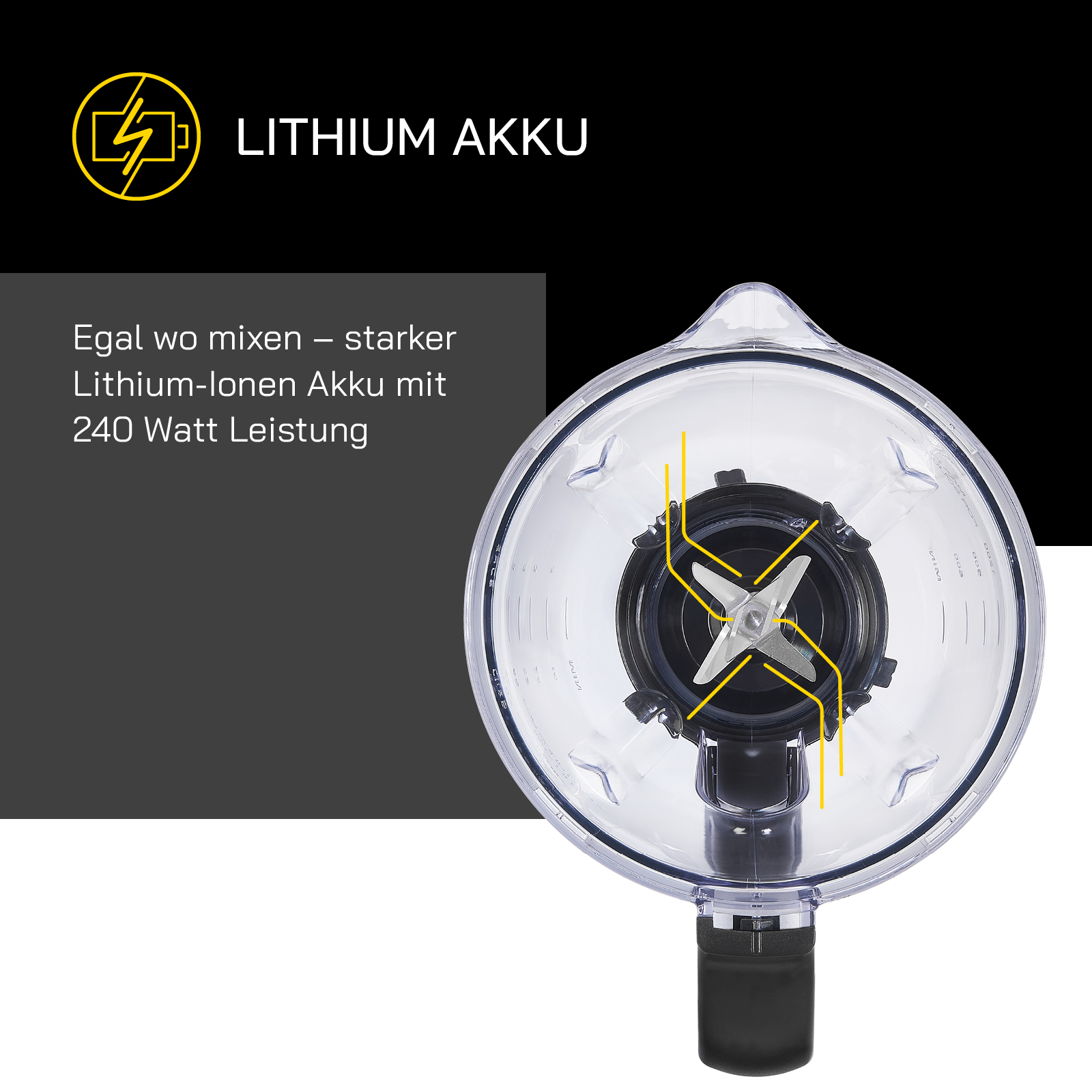 Ein Mixerfuß mit Klingen und dem Text LITHIUM AKKU. Der Fuß ist transparent.