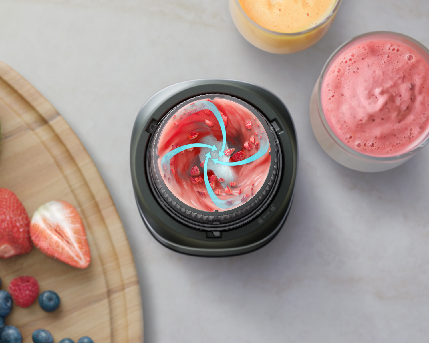 Blender miksujący truskawki. Owoce jagodowe i koktajle w tle. Niebieskie strzałki pokazują ruch.