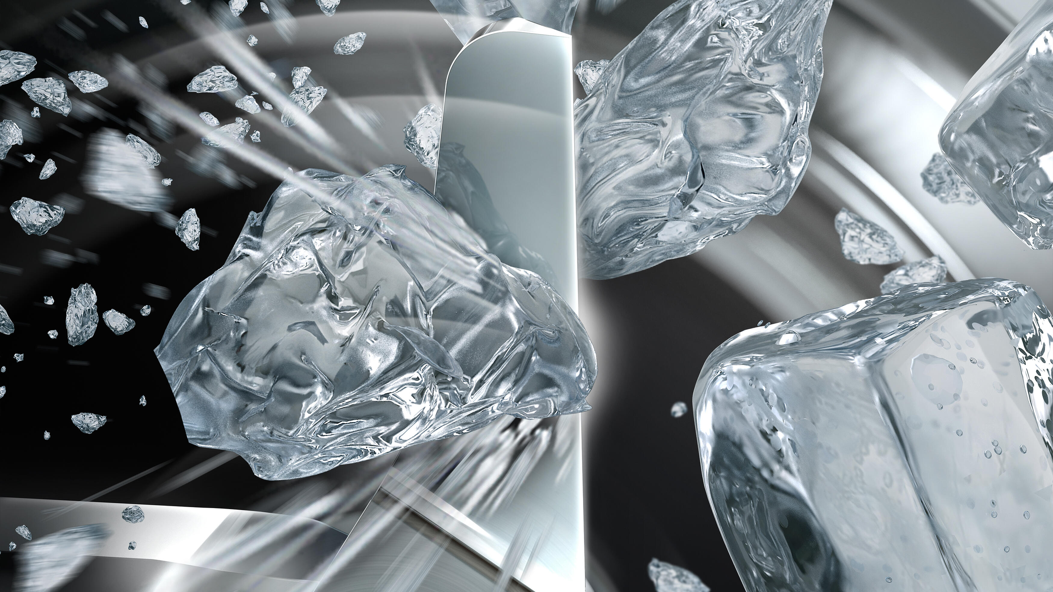 Kostki lodu unoszące się, ze światłem i srebrną metalową powierzchnią.
