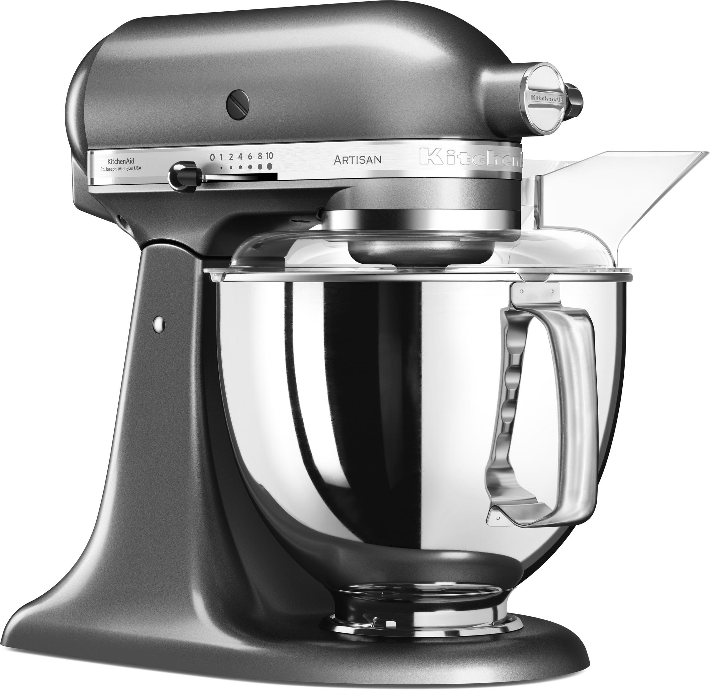 Ein grauer KitchenAid Artisan Küchenmixer. Er hat eine Rührschüssel und einen durchsichtigen Schutz.