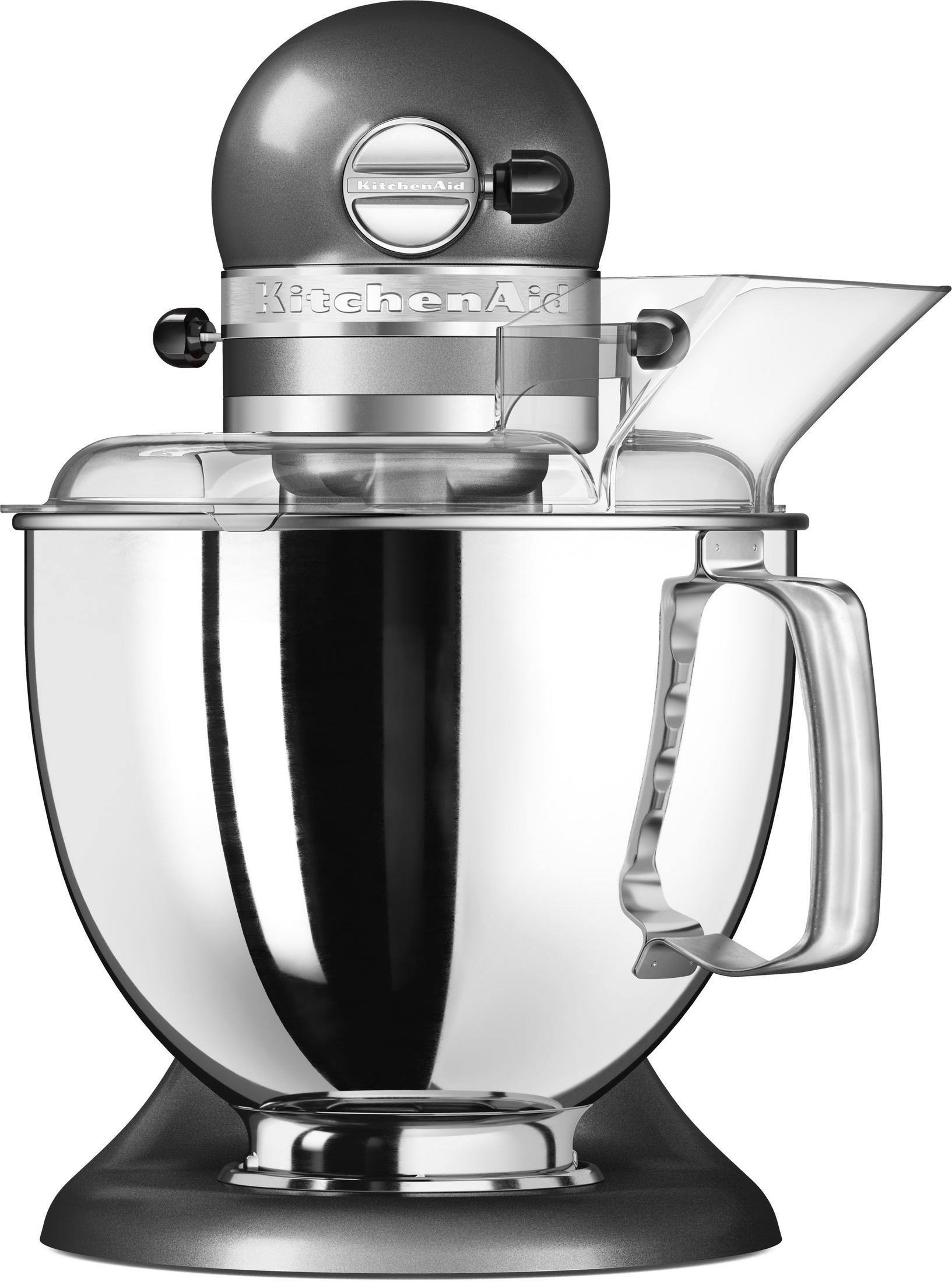 Silberner KitchenAid Mixer mit transparentem Schüsseldeckel und Ausgießer.
