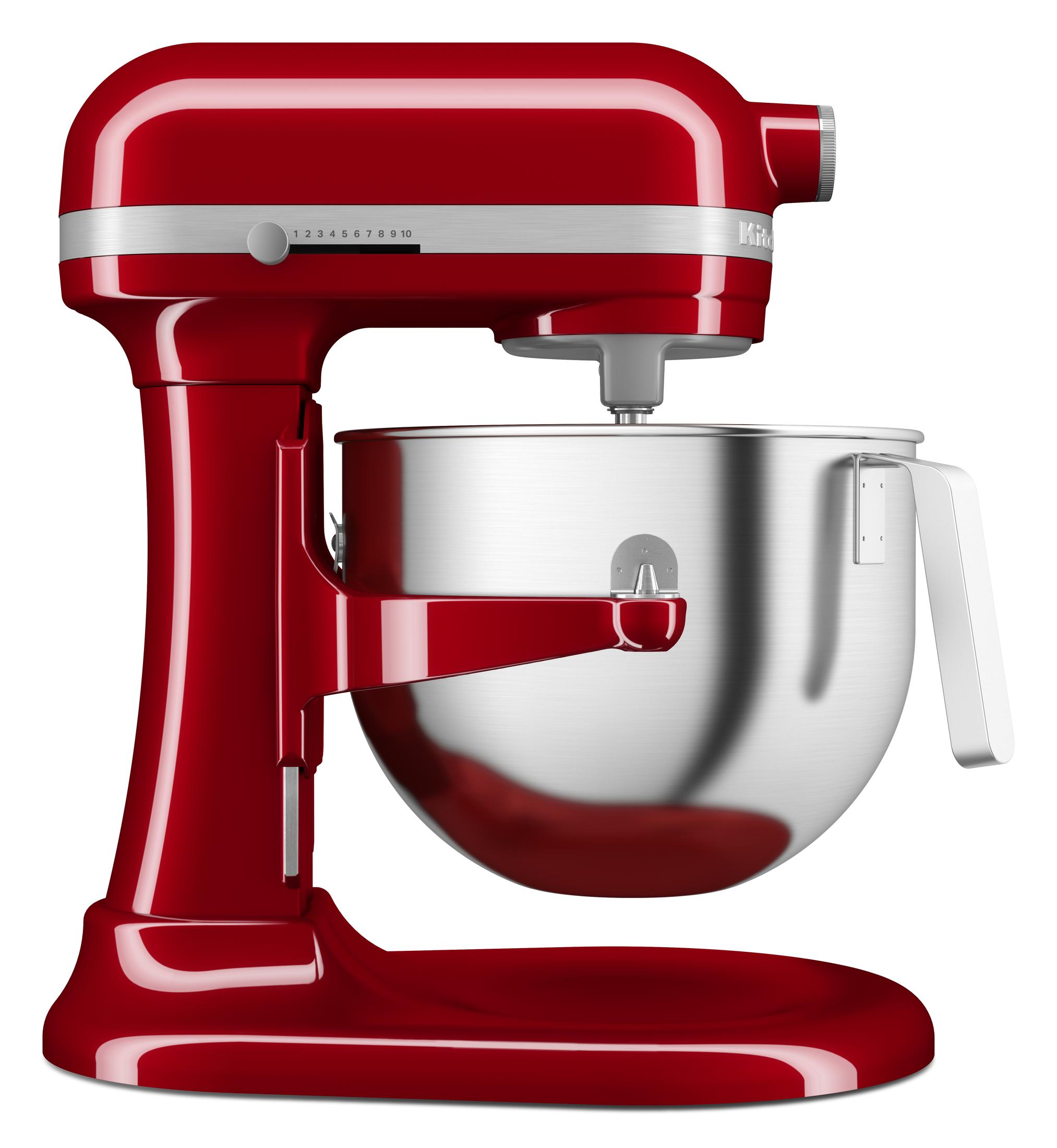 Roter KitchenAid-Küchenmixer mit Edelstahl-Schüssel, weißer Hintergrund.