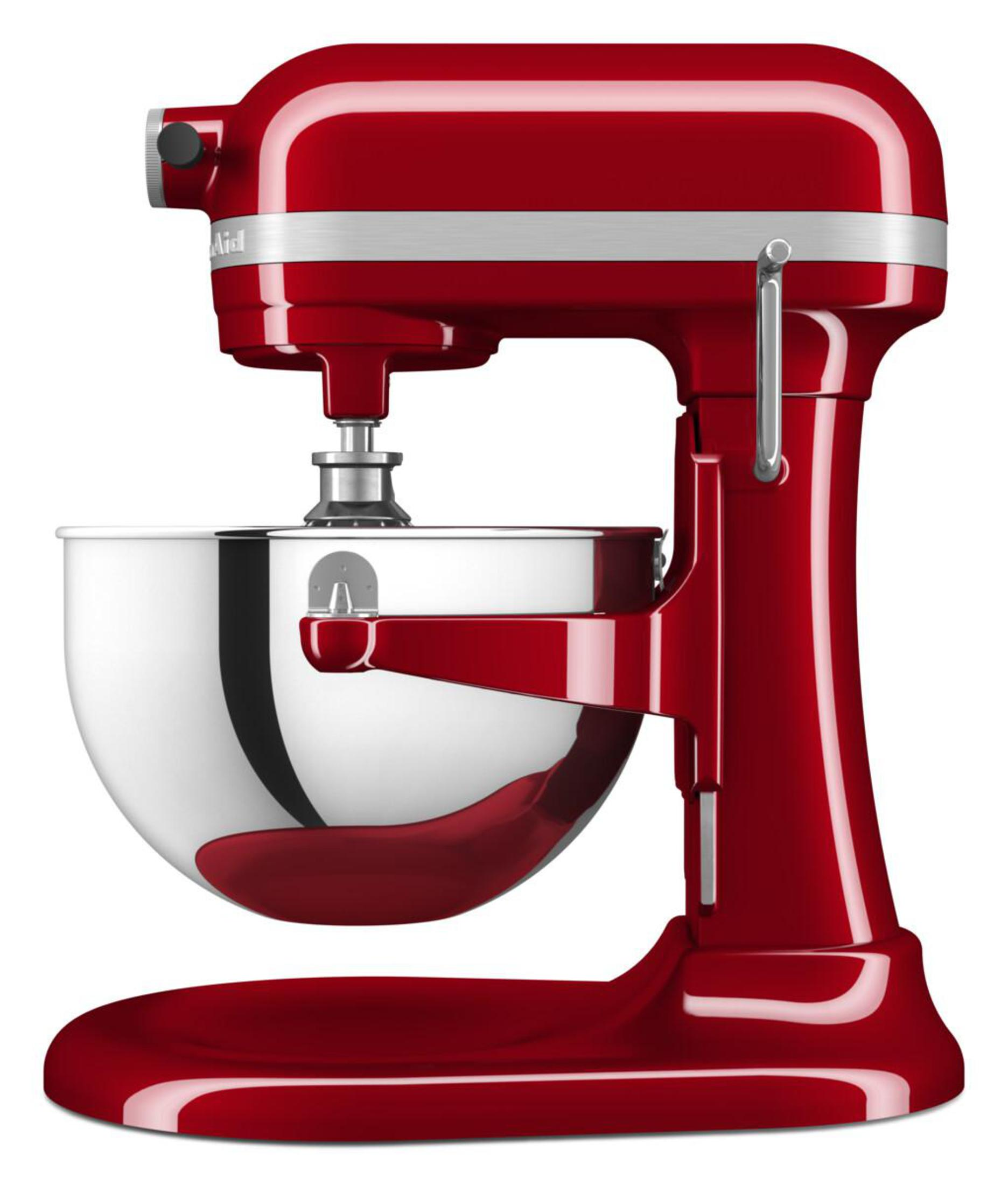 Roter KitchenAid-Küchenmixer mit silberner Schüssel vor weißem Hintergrund.