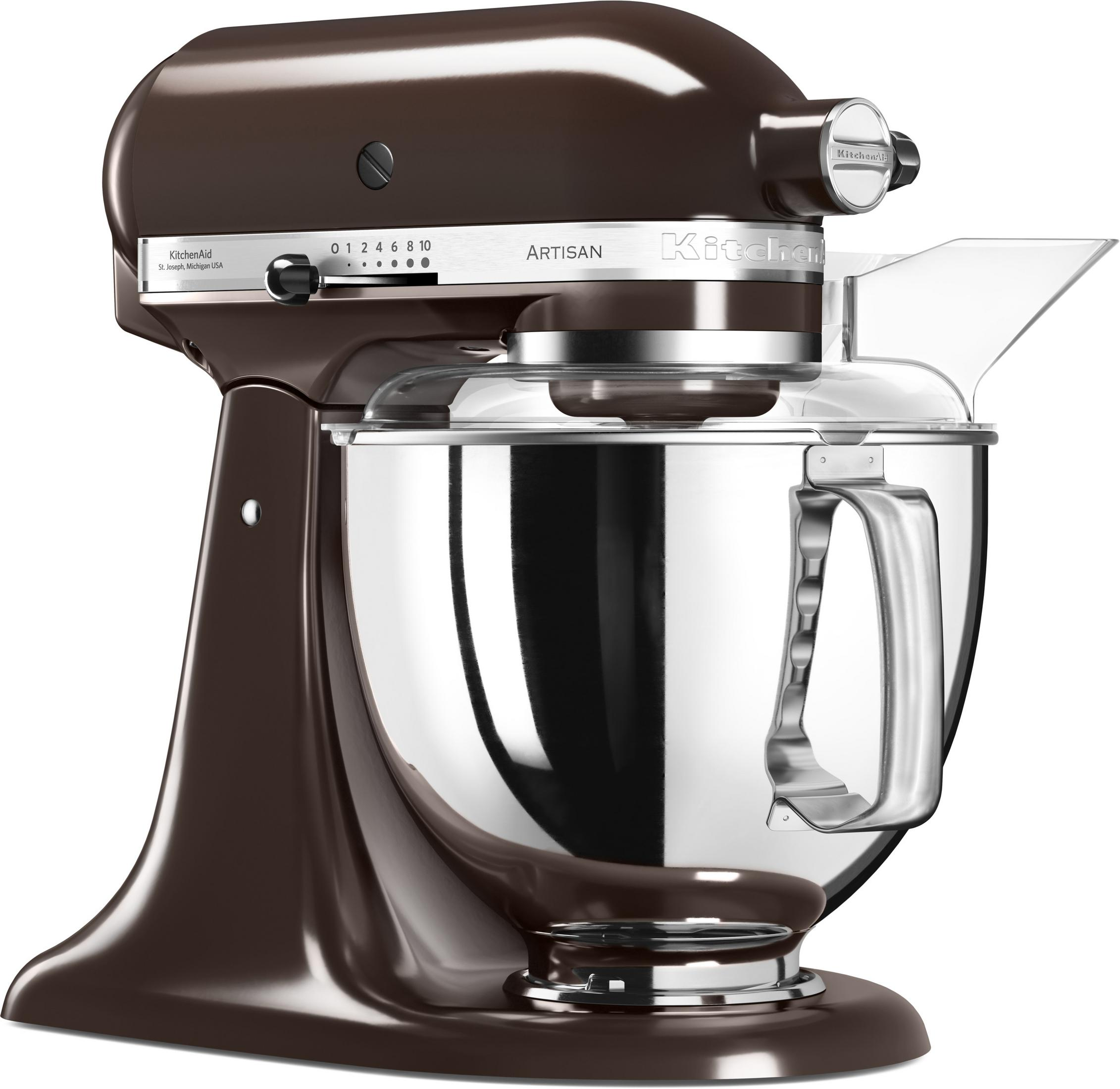 A brown KitchenAid Artisan stand mixer with a clear bowl and attachments.
