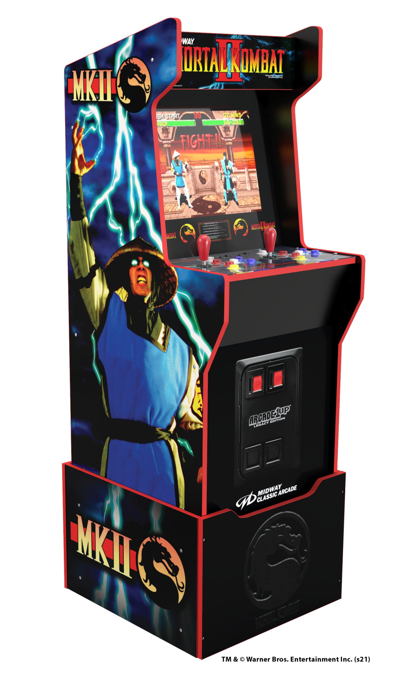 Macchina arcade Mortal Kombat II. Il personaggio di Raiden è mostrato sul lato. Schermo di gioco visibile. Pulsanti e joystick rossi.