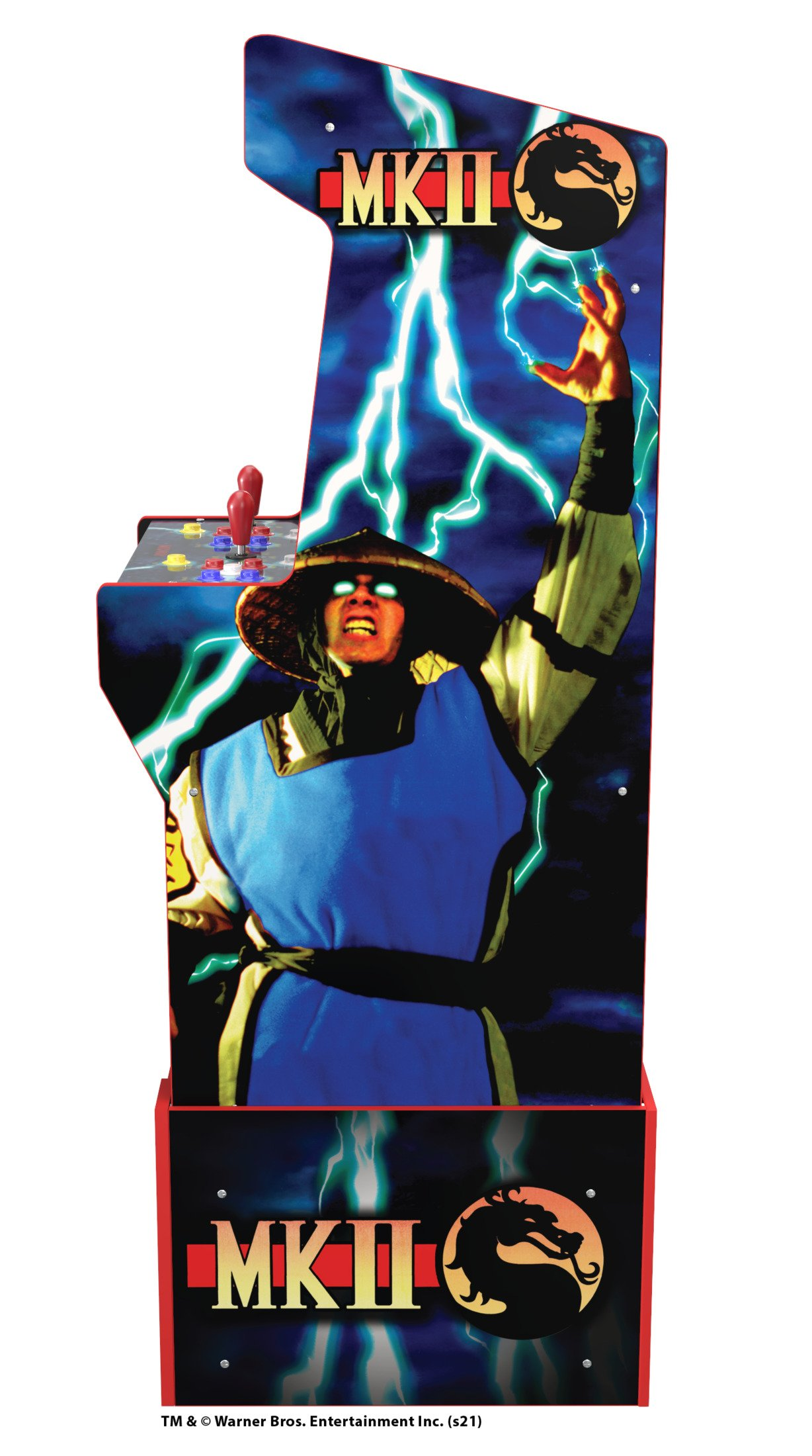 Vista laterale della macchina arcade Mortal Kombat II. Il personaggio di Raiden è mostrato. Accenti rossi sull'armadietto. Logo MKII.