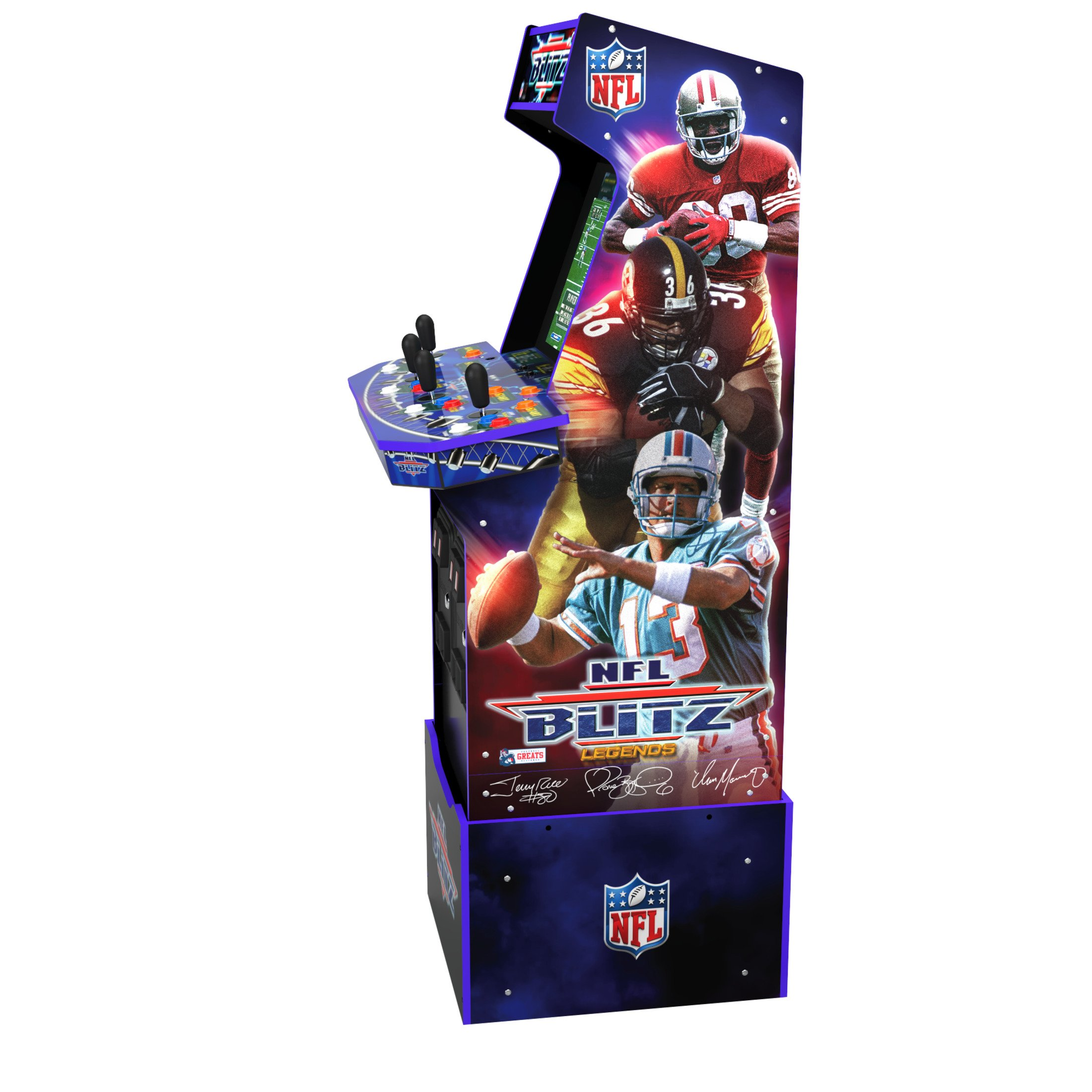 Macchina arcade NFL Blitz. Giocatori di football sul cabinet. Schermo del giocatore 1 visibile. Accenti neri e viola.
