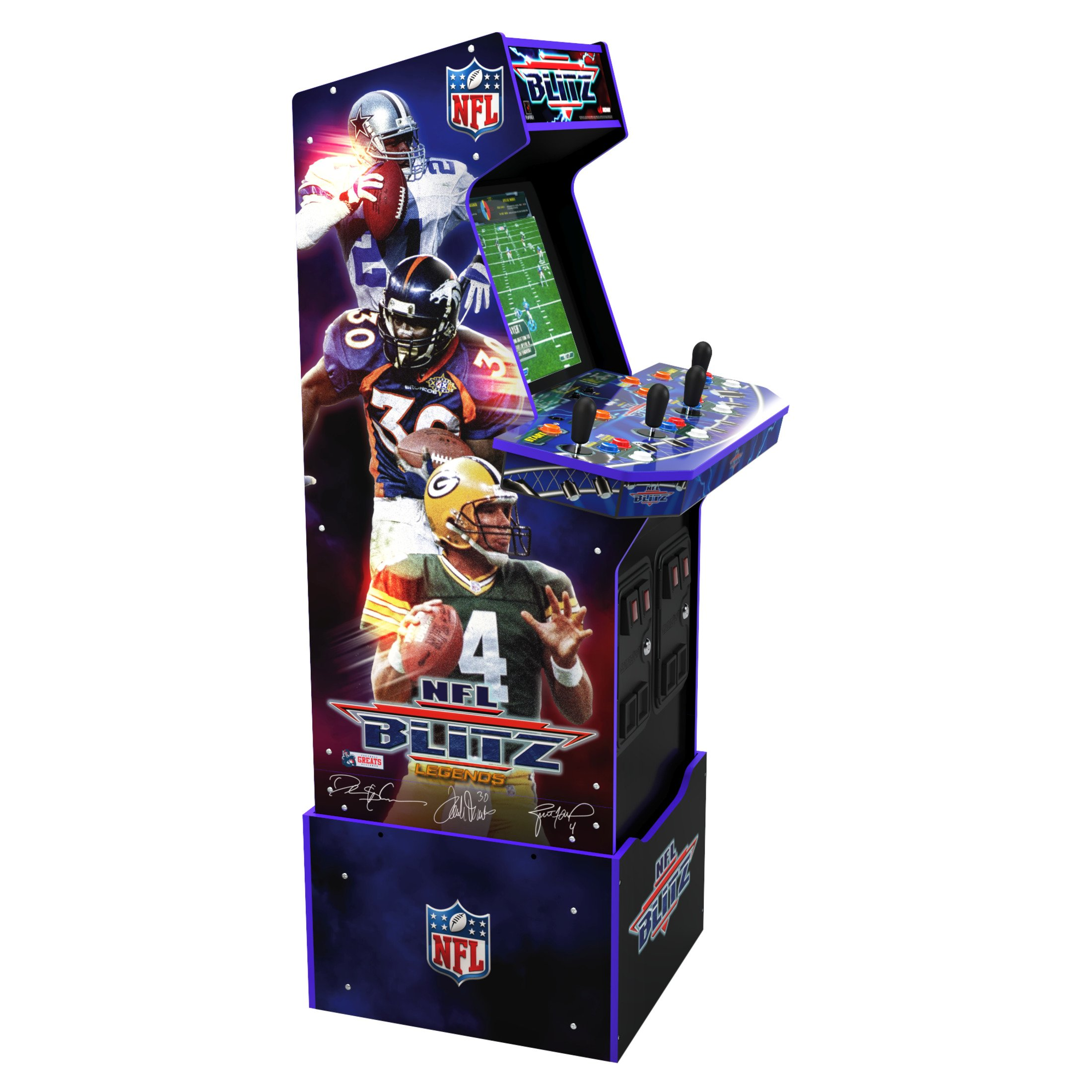 Macchina arcade NFL Blitz. Giocatori di football sul cabinet. Schermo del giocatore 1 visibile. Accenti neri e viola.