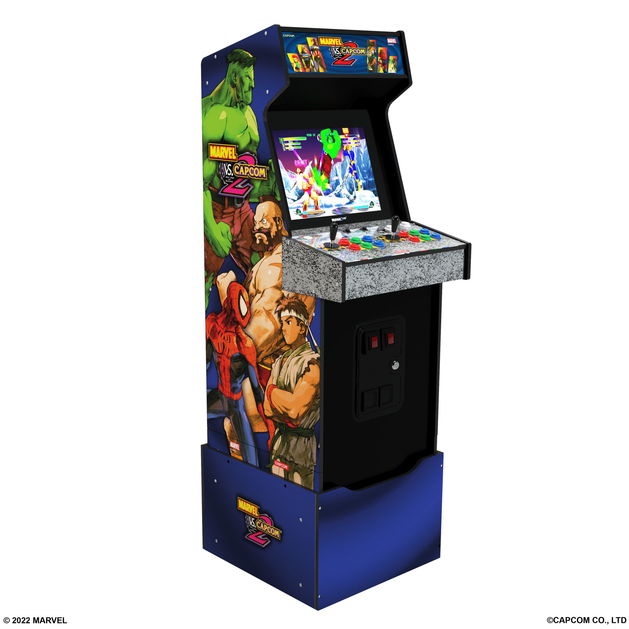 Macchina arcade Marvel vs. Capcom 2. Personaggi Marvel sul lato. Schermo di gioco visibile. Accenti blu e neri.