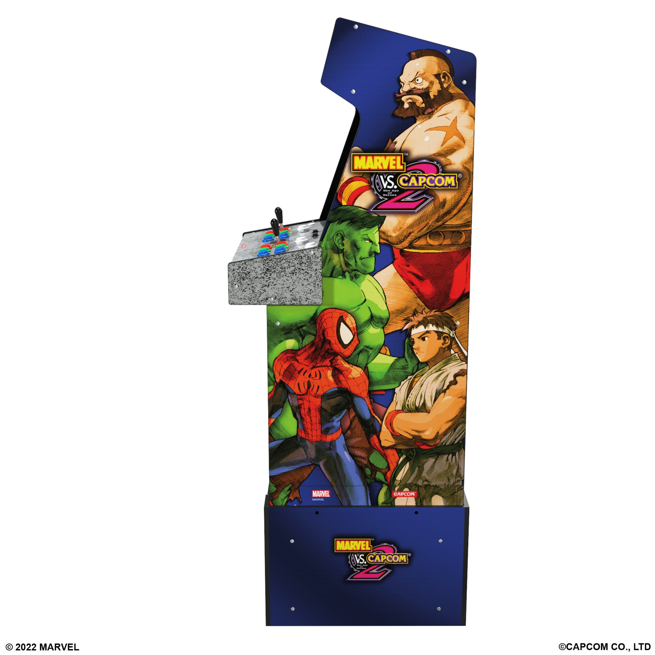 Vista laterale della macchina arcade Marvel vs. Capcom 2. Personaggi Marvel sul lato. Accenti blu e neri. Pannello di controllo visibile.