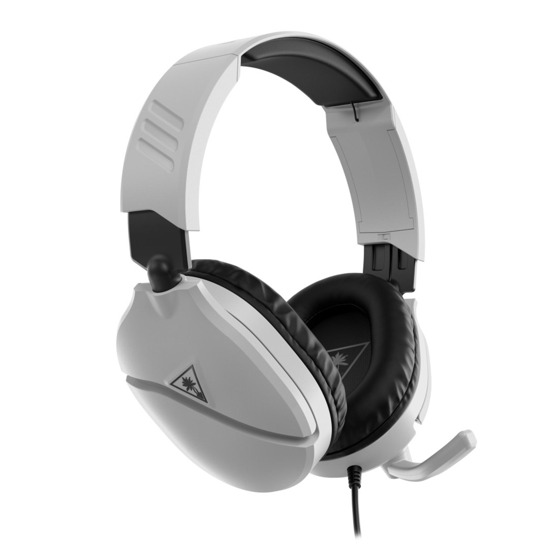 White and black gaming headset with a microphone.