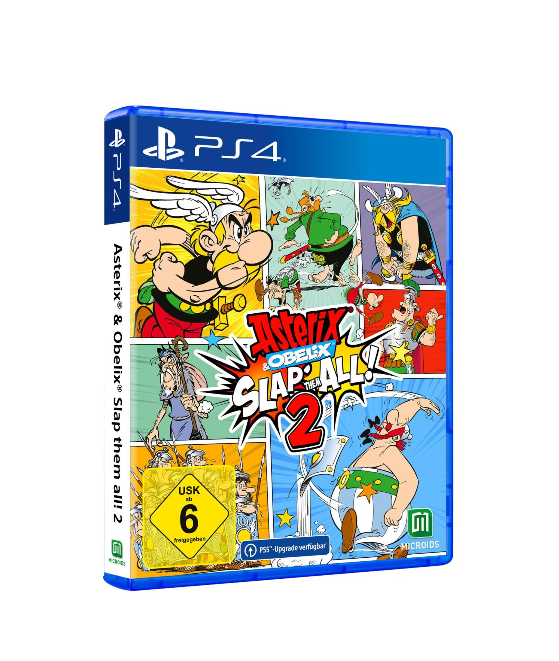 Eine PS4-Spielhülle für 'Asterix & Obelix Slap them all! 2'. Die Hülle ist blau, mit Comicfiguren auf dem Cover.