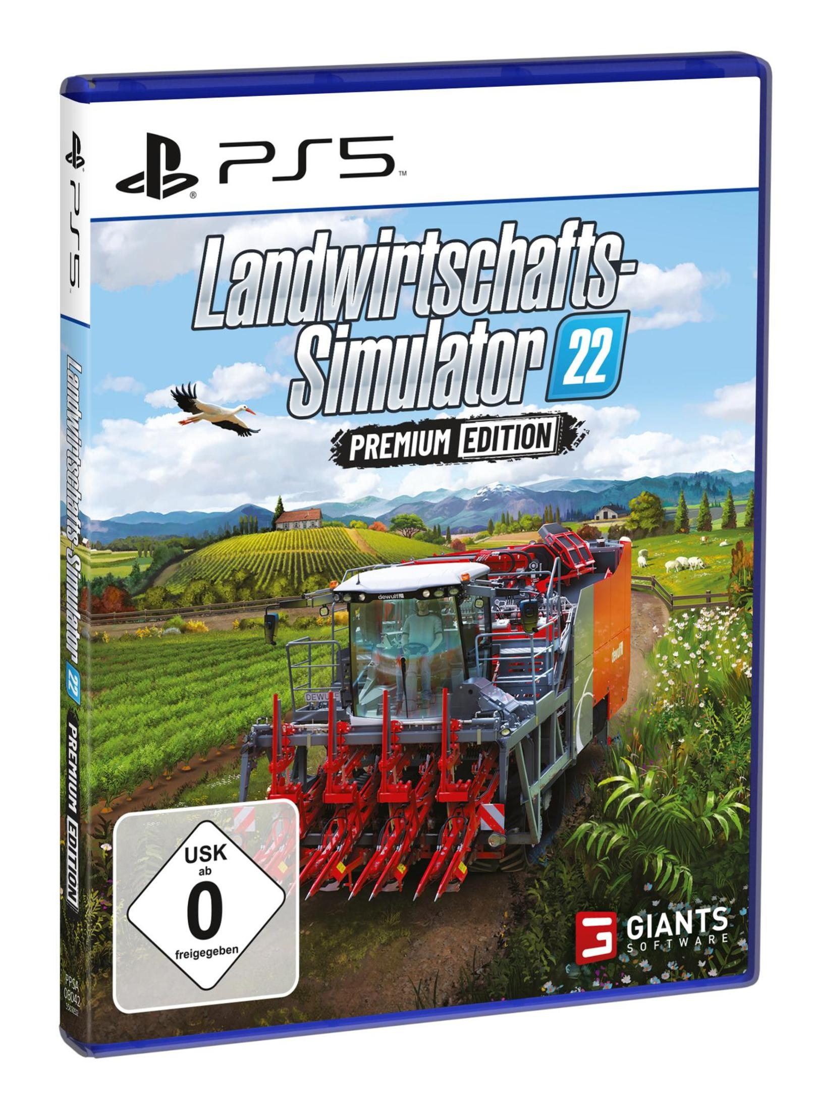 PS5-Spielhülle. Text: Landwirtschafts-Simulator 22, Premium Edition, USK 0. Weißer Hintergrund.