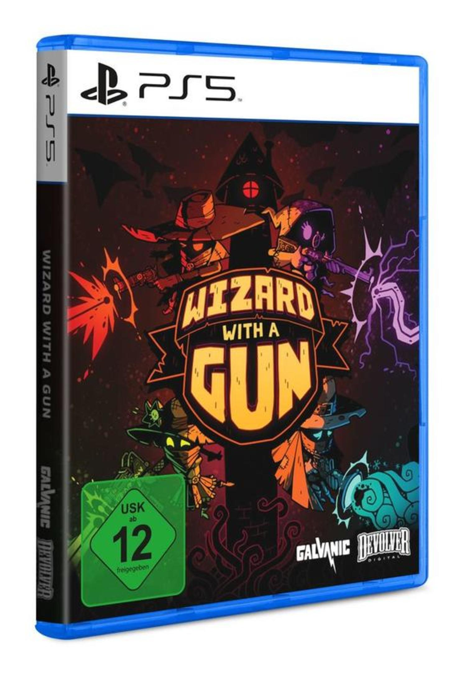Eine PS5-Spielbox, 'Wizard with a Gun', mit blauem Gehäuse und farbenfrohen Illustrationen.