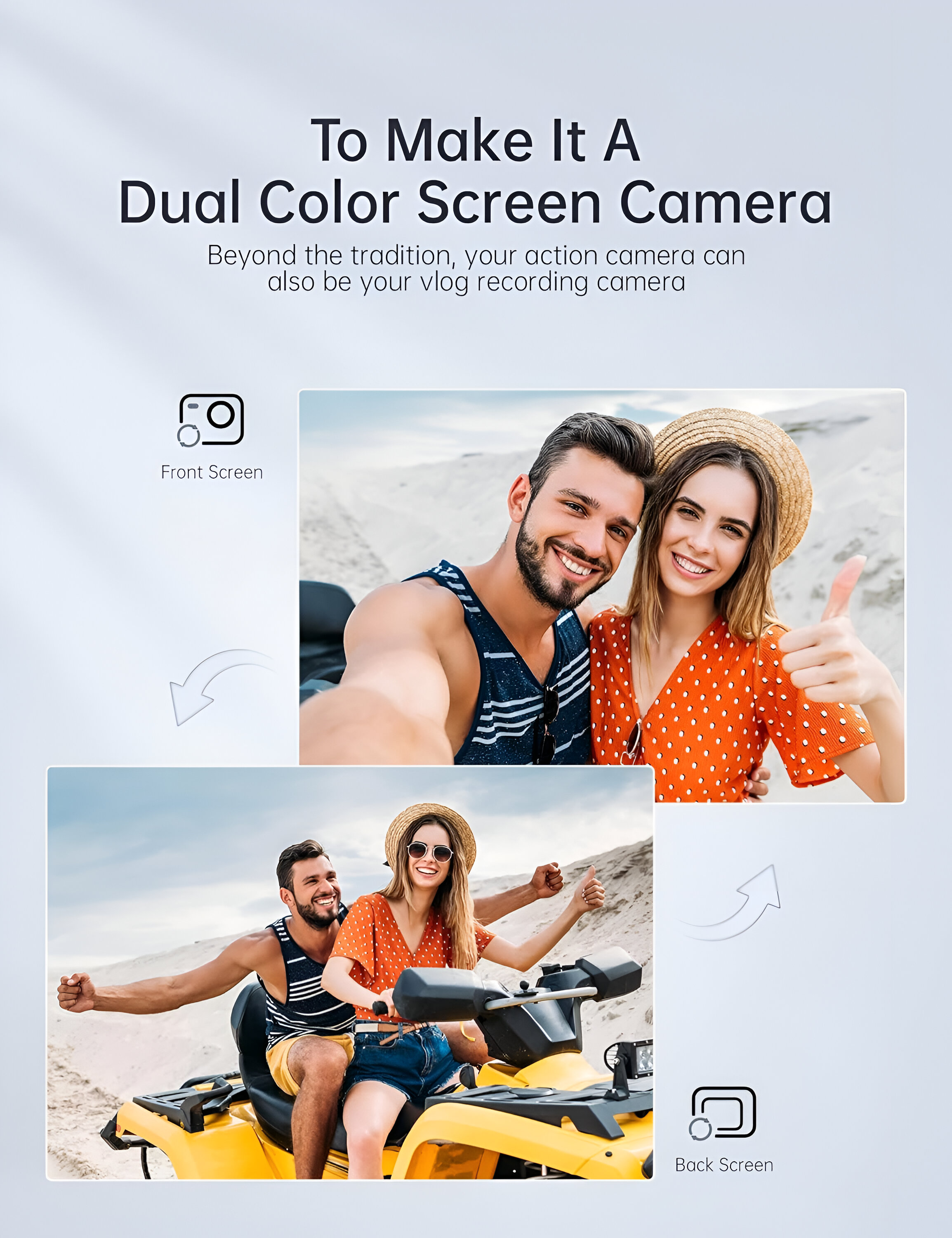 Bild, das eine Action-Kamera zeigt, mit einem Paar auf einem Quad und einem Selfie.