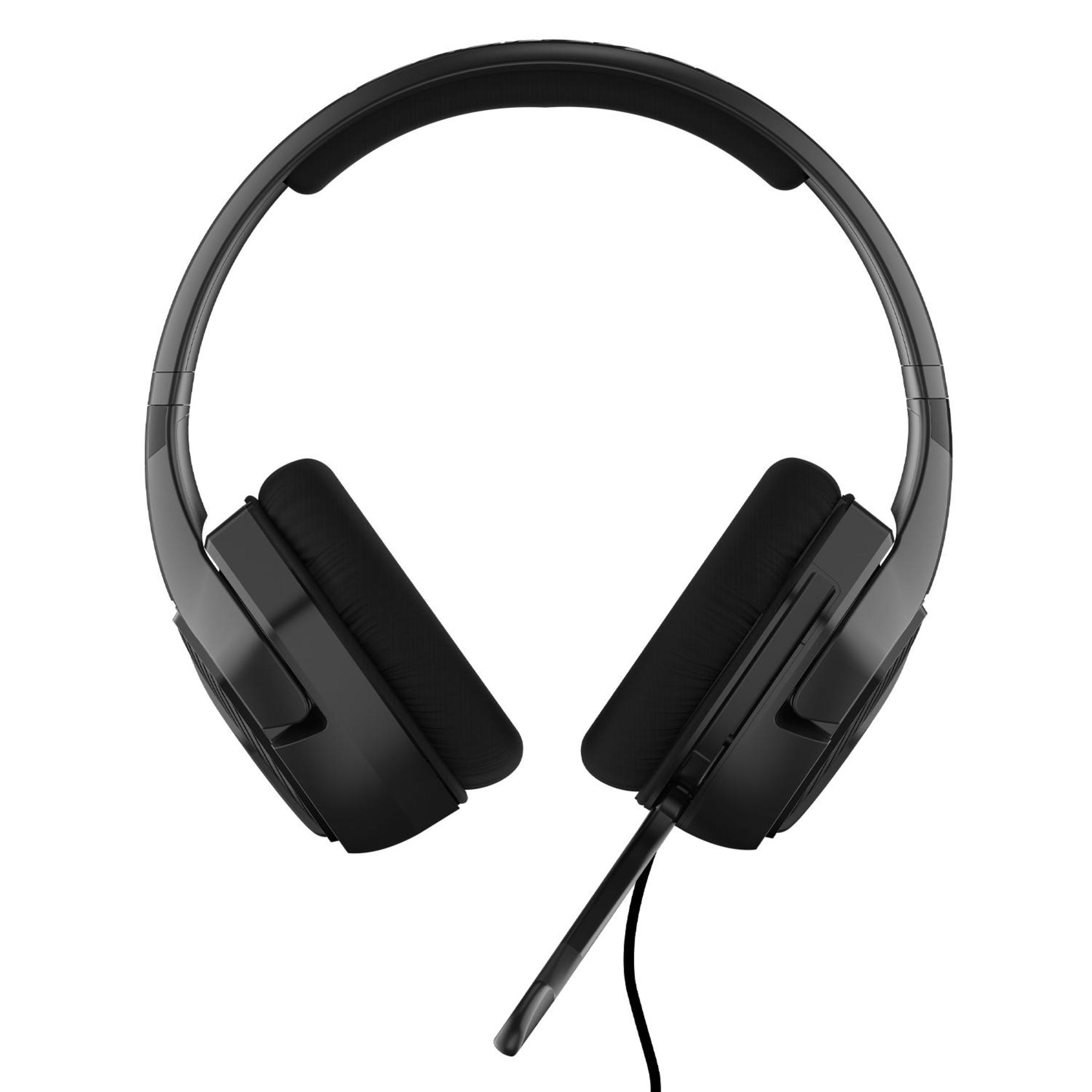Schwarzes Headset mit Mikrofon, Draufsicht, auf weißem Hintergrund, für Audio-Wiedergabe.