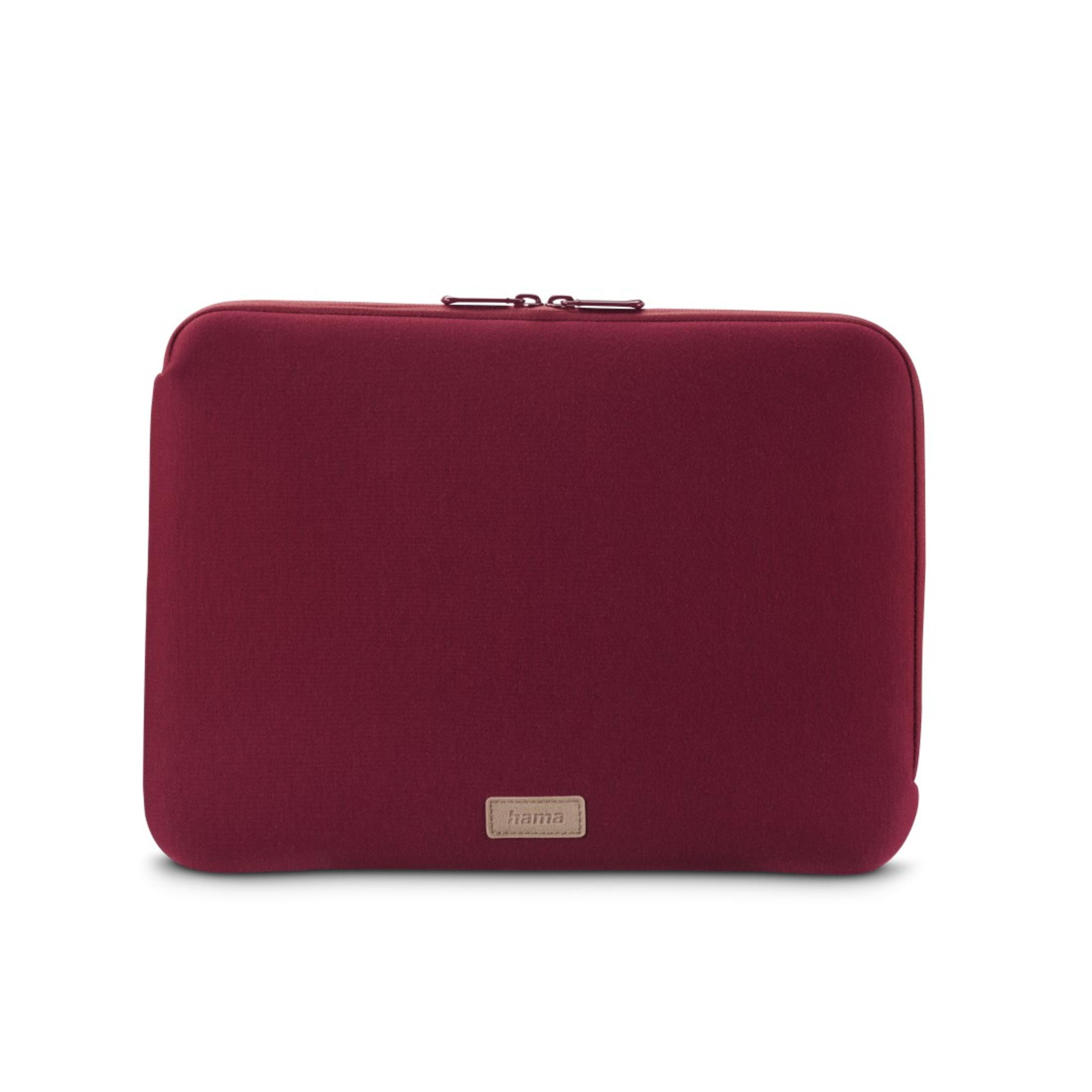Custodia per laptop bordeaux con cerniera e il marchio 'hama' su sfondo bianco.