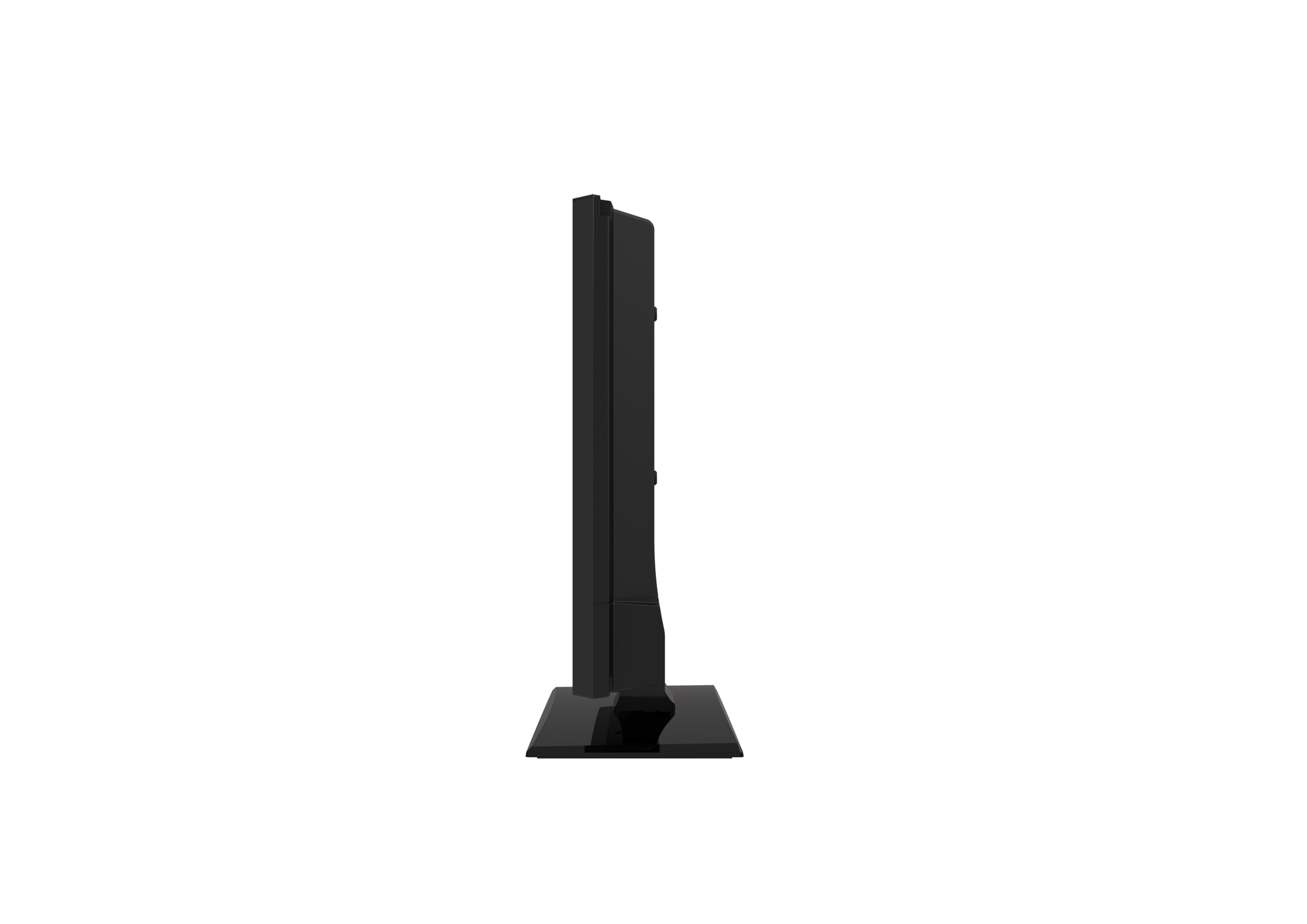 Seitenansicht eines schwarzen Fernsehers auf einem Ständer, isoliert auf Weiß, schlankes und modernes Design.