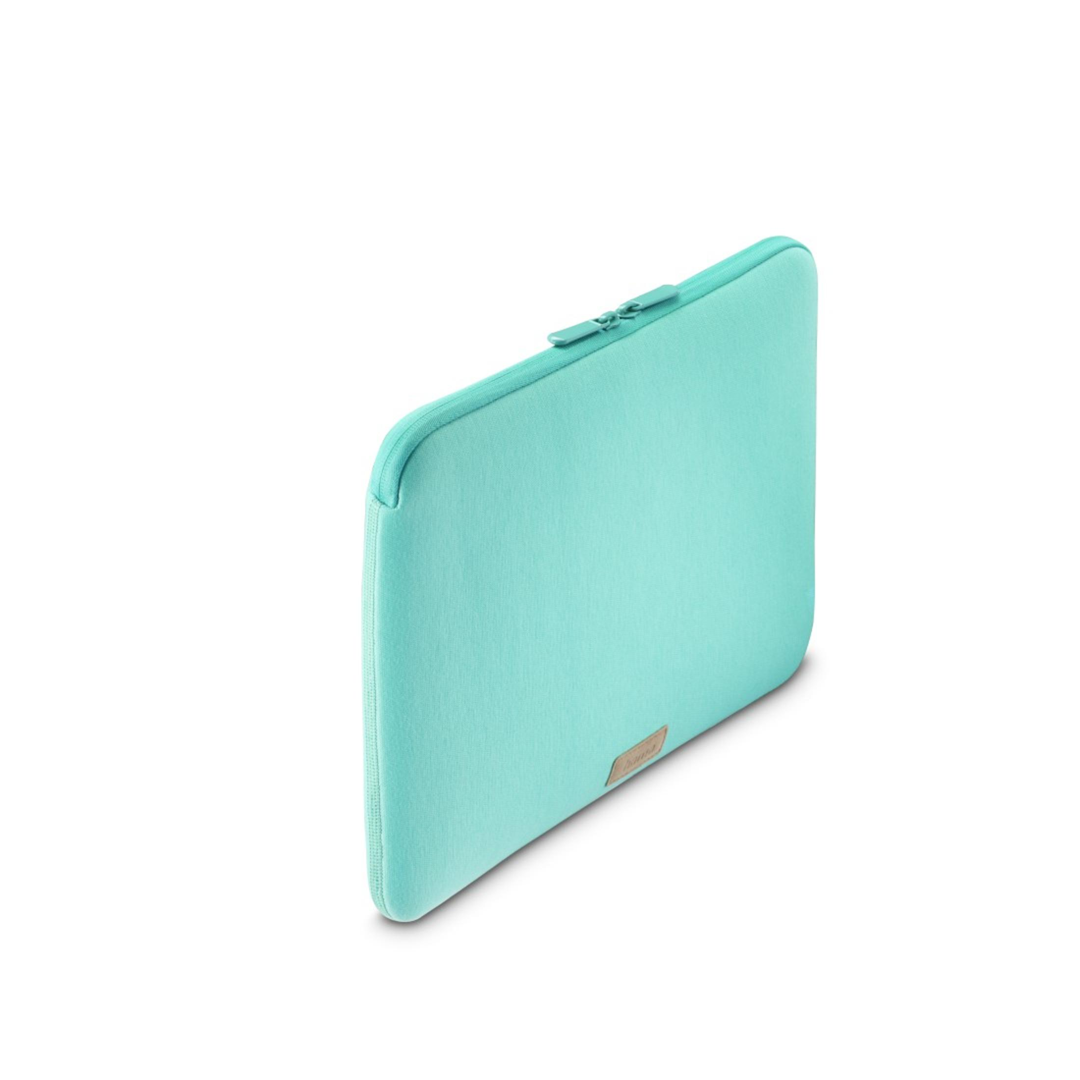 Una custodia per laptop color verde acqua, chiusa con una cerniera, su sfondo bianco.