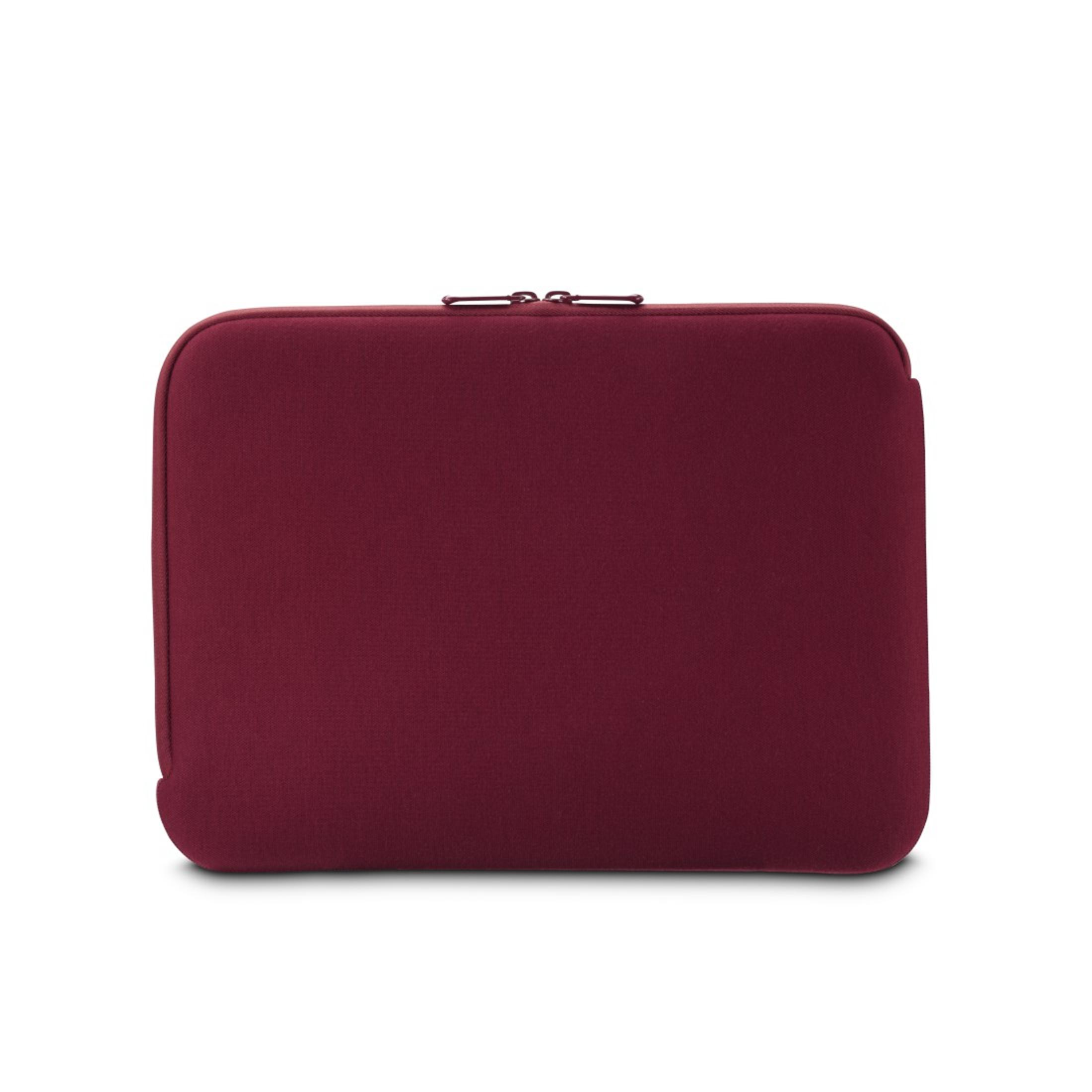 Custodia per laptop rettangolare, rosso scuro, con cerniera. Pulito, piatto, isolato su sfondo bianco.