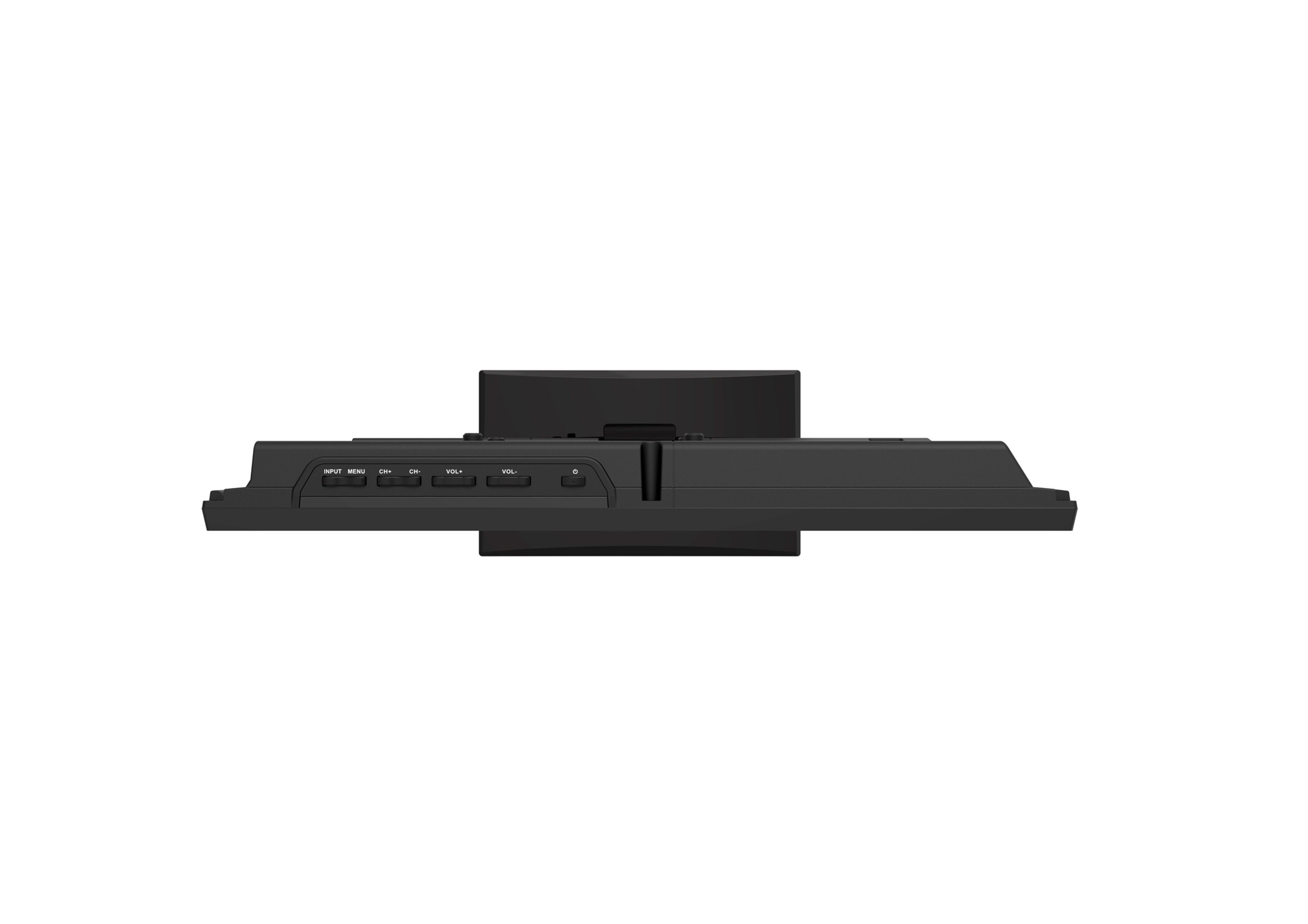Monitor von oben. Schwarz, mit Eingabeknöpfen und Ständer.