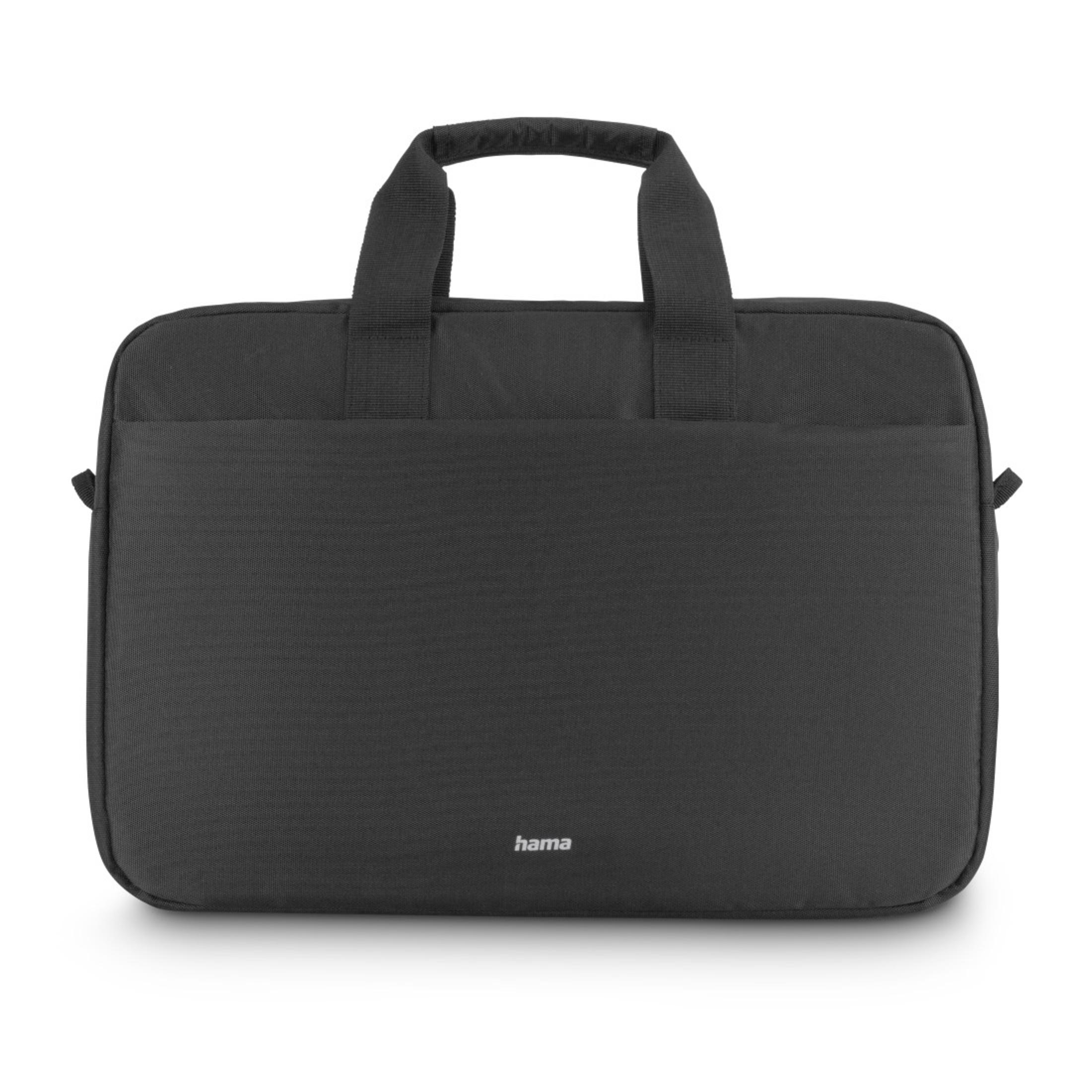 Borsa nera per laptop con manici e una tasca frontale.