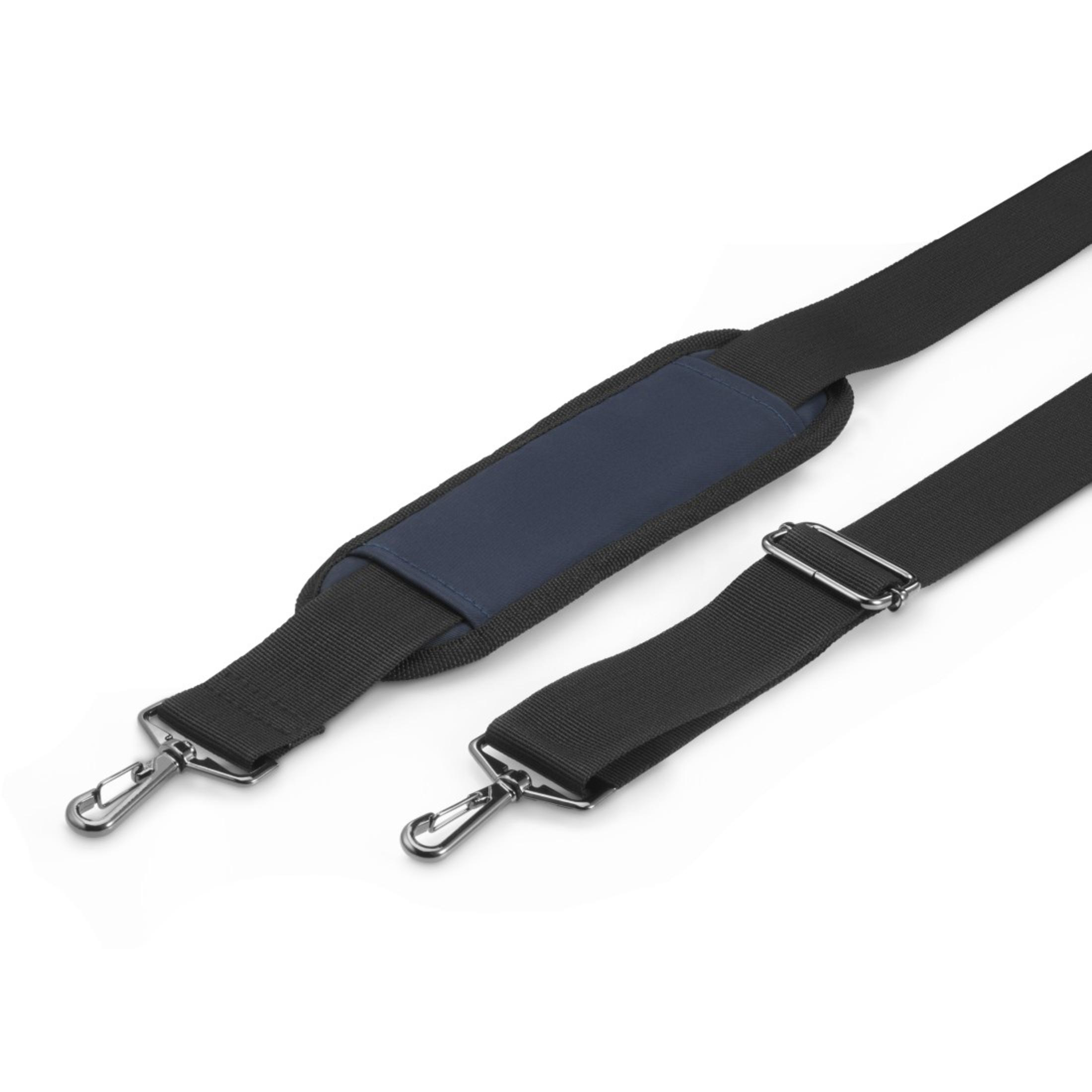 Dwa czarne paski na ramię ze srebrnymi zapięciami i granatową, wyściełaną sekcją na białym tle.