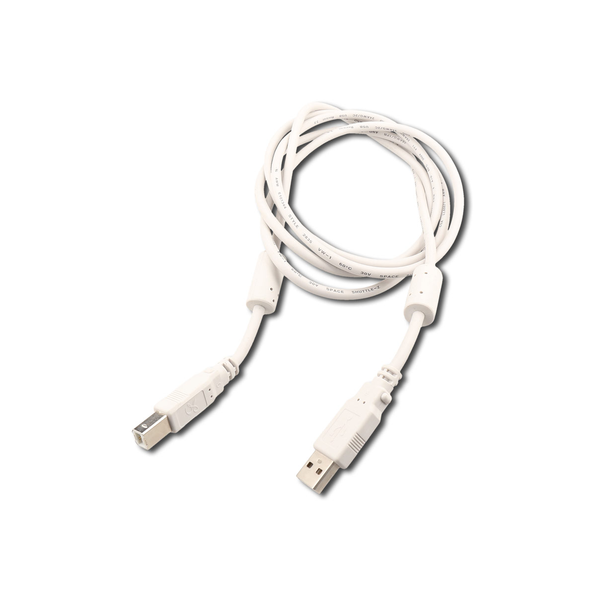 Weißes USB-Kabel mit zwei verschiedenen Anschlüssen. Es ist vor weißem Hintergrund.