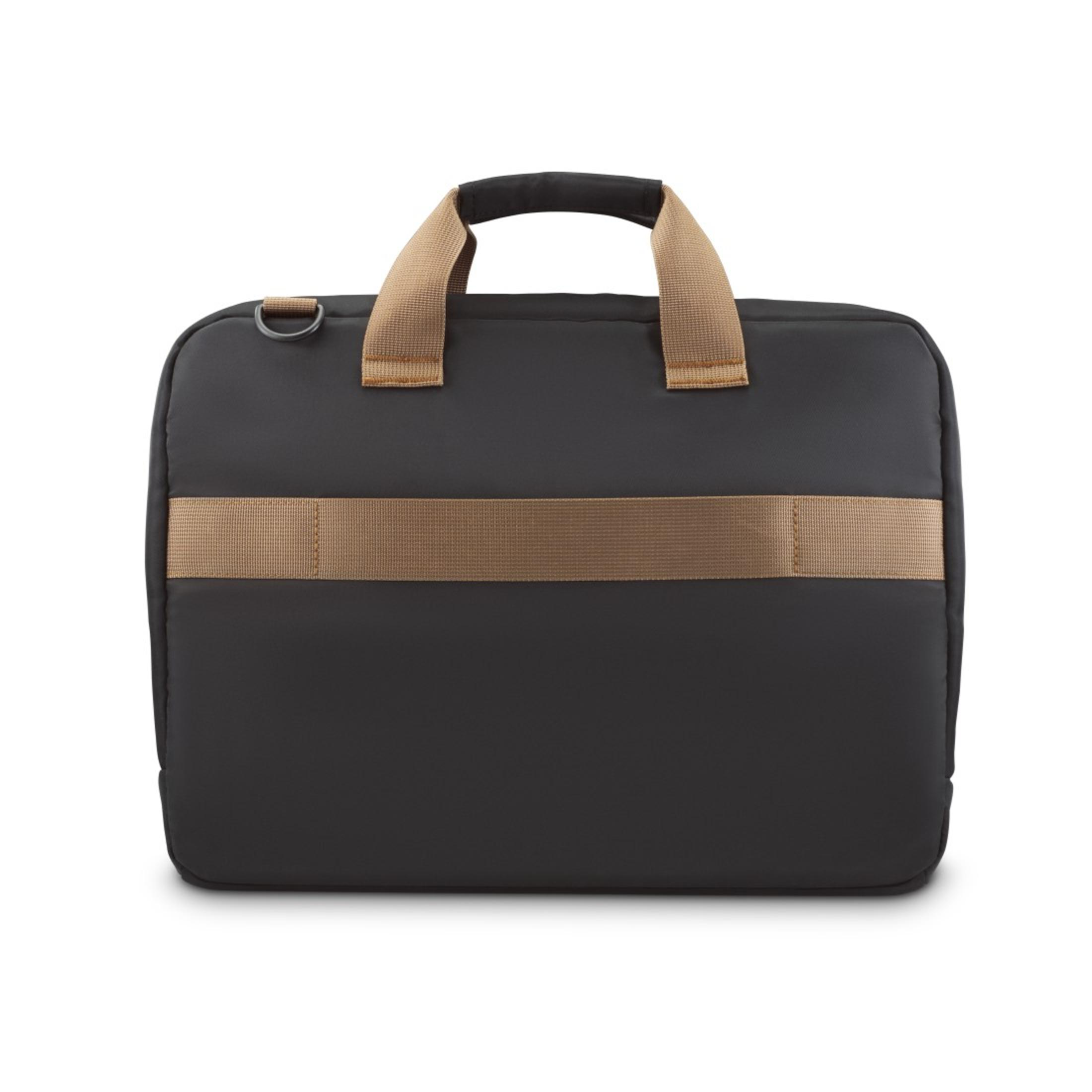 Czarna teczka z brązową rączką i brązowym paskiem z przodu. Prosty design na białym tle.