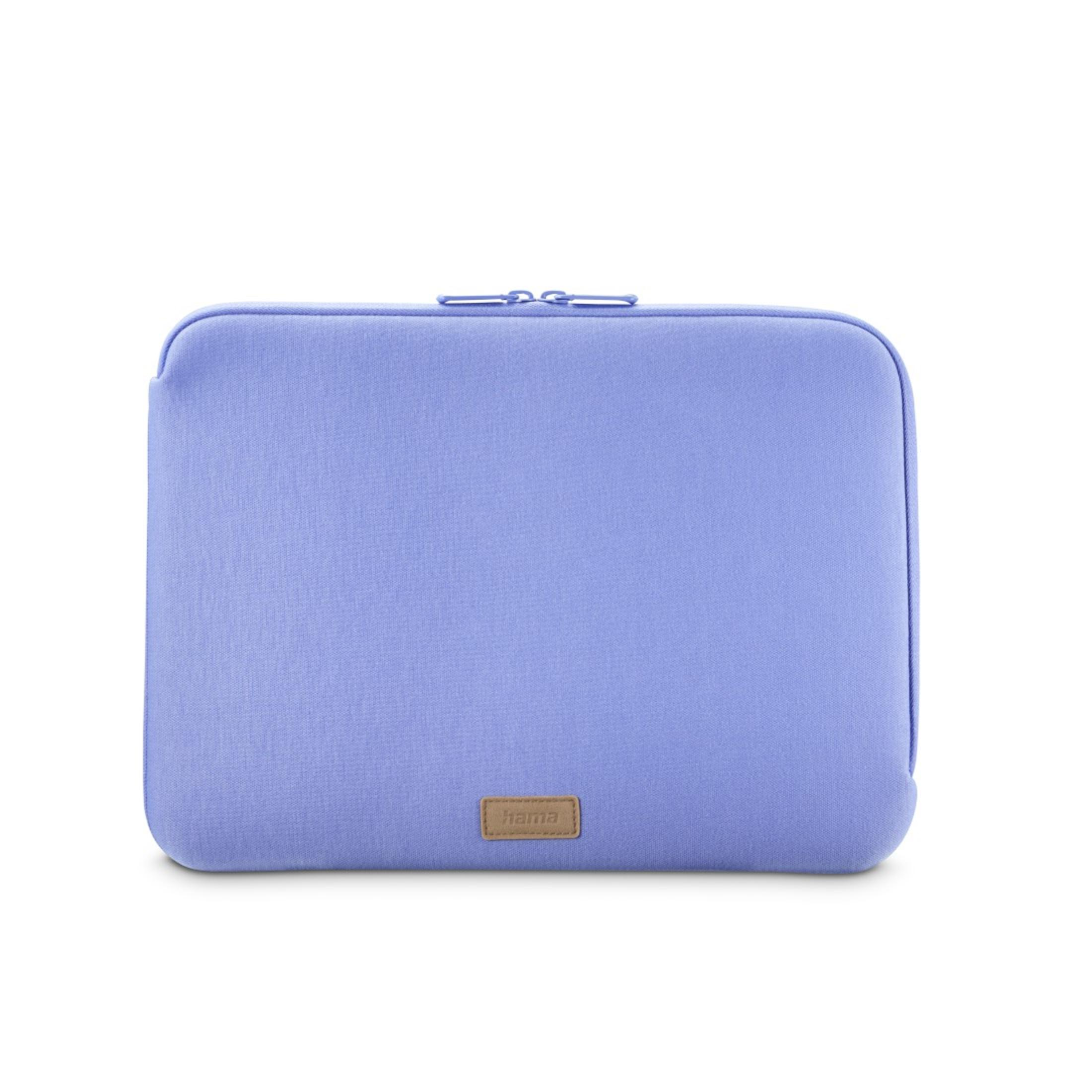 Una custodia per laptop azzurra con cerniera e etichetta del marchio.