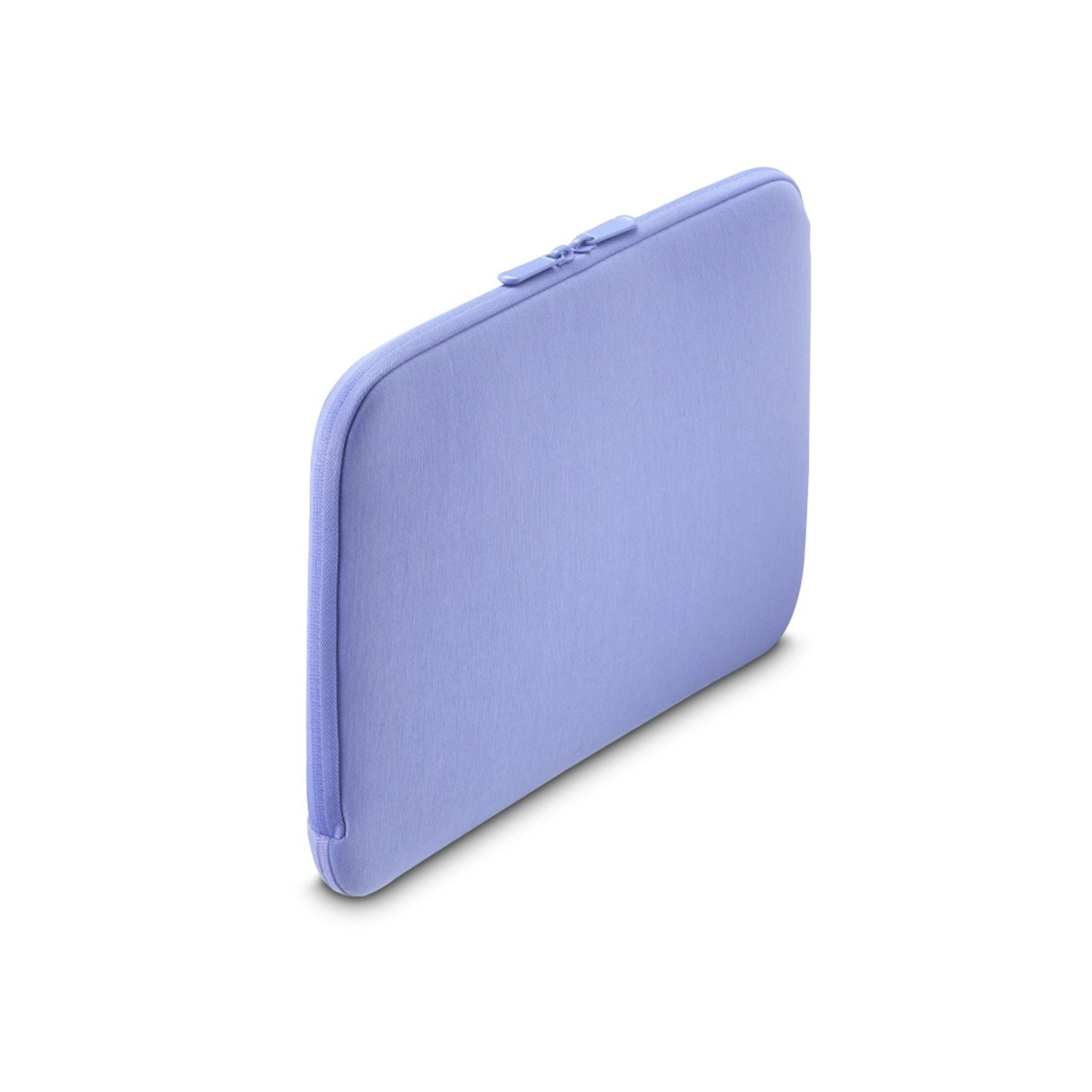 Una custodia per laptop lilla chiaro. La custodia ha una cerniera.