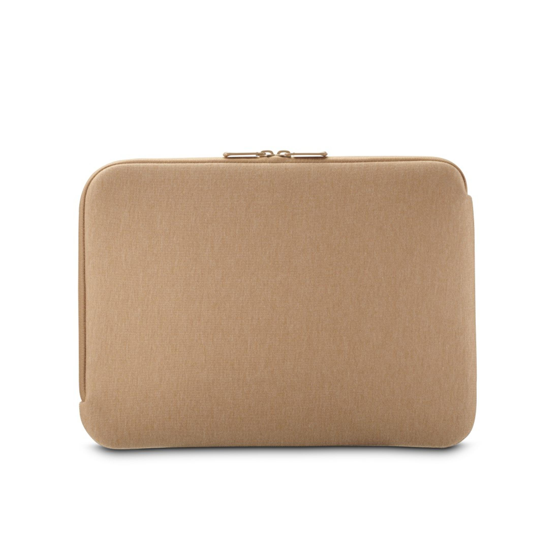 Custodia per laptop color cachi con cerniera dorata. Su sfondo bianco.
