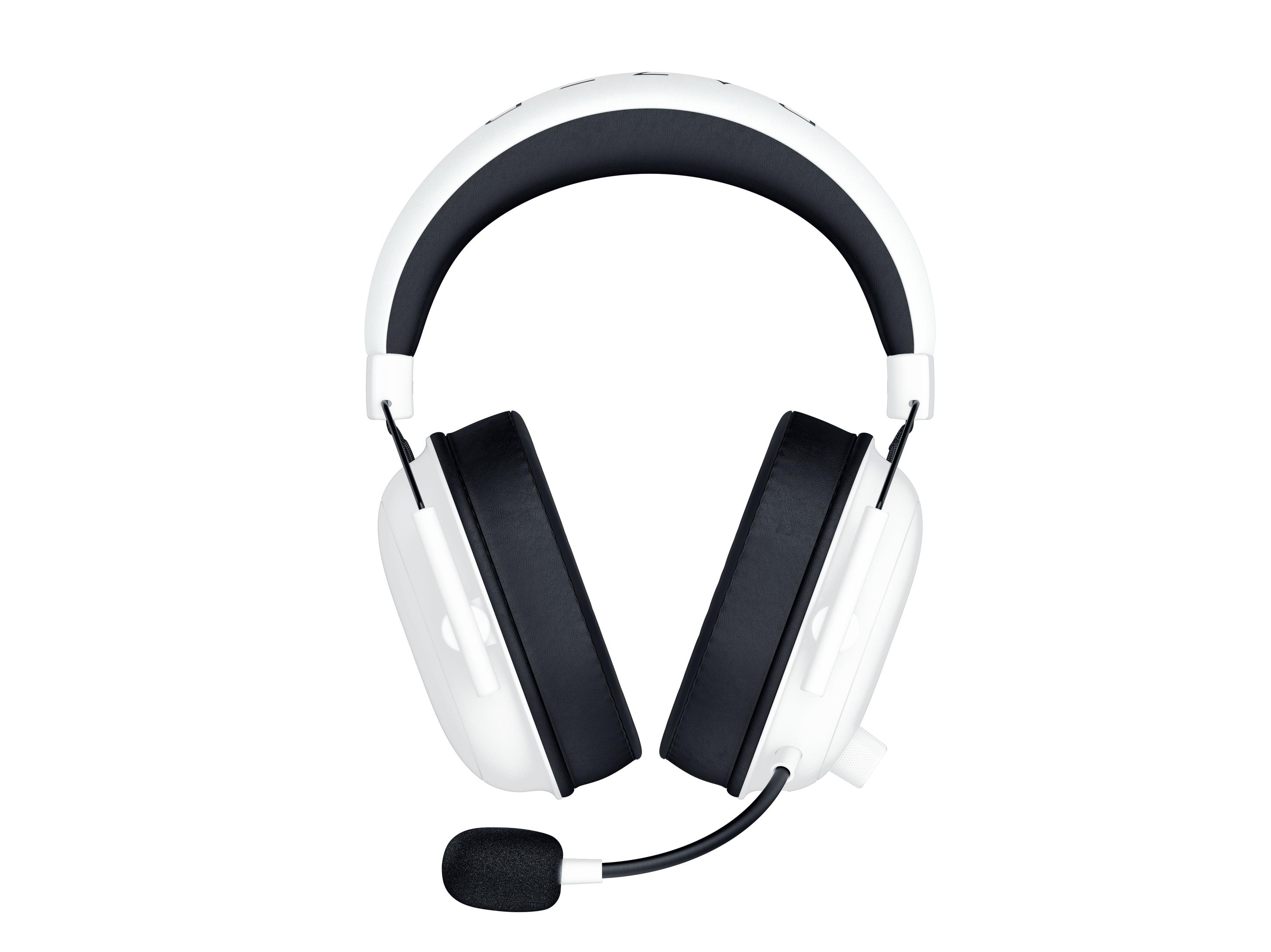 Białe słuchawki dla graczy z czarną wyściółką i mikrofonem.