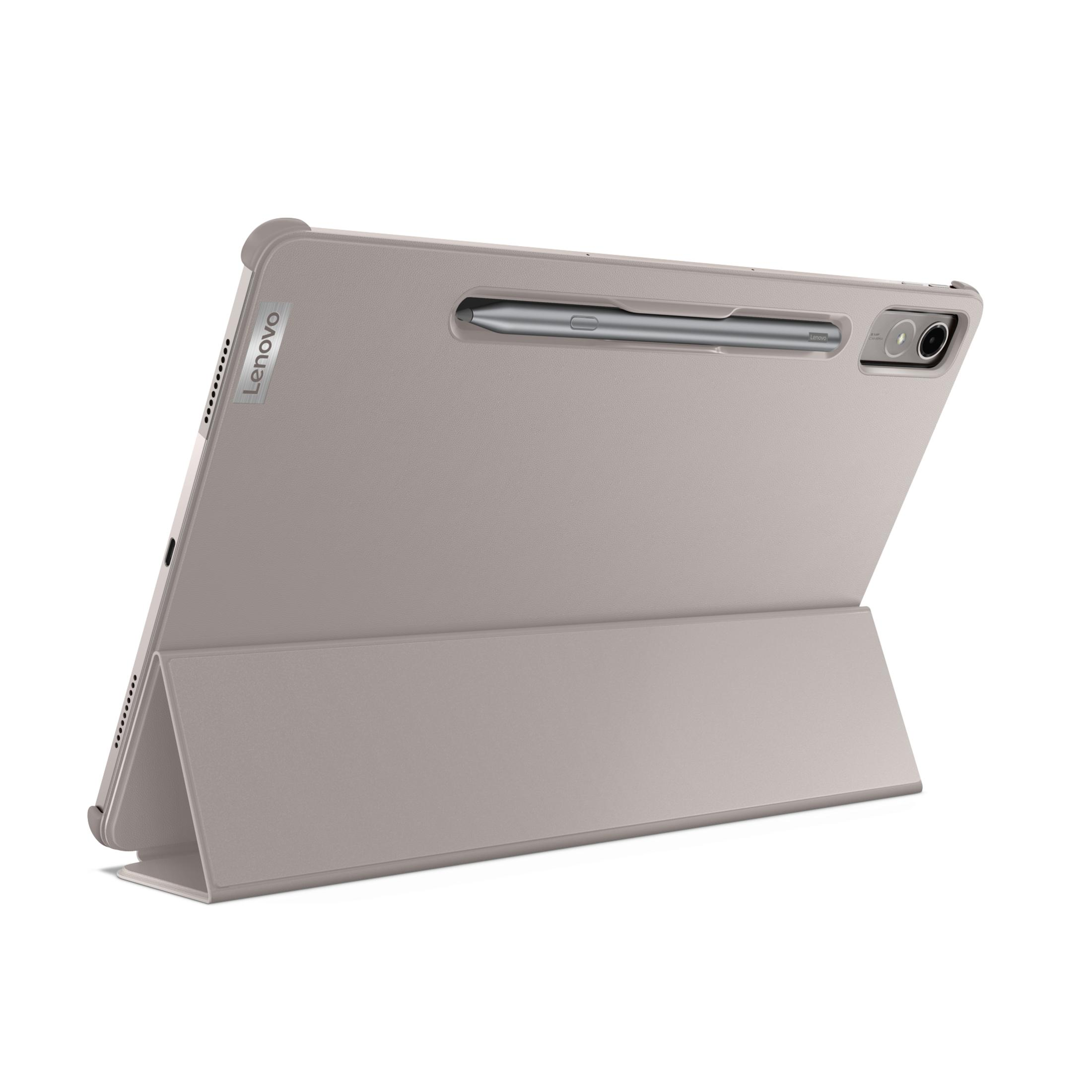 Graues Tablet mit Stift. Das Tablet befindet sich in einer Hülle, und es gibt einen Ständer auf weißem Untergrund.