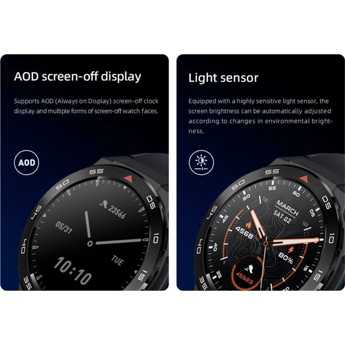 Dwa ekrany smartwatch: jeden z godziną i krokami, drugi z godziną, datą i baterią.