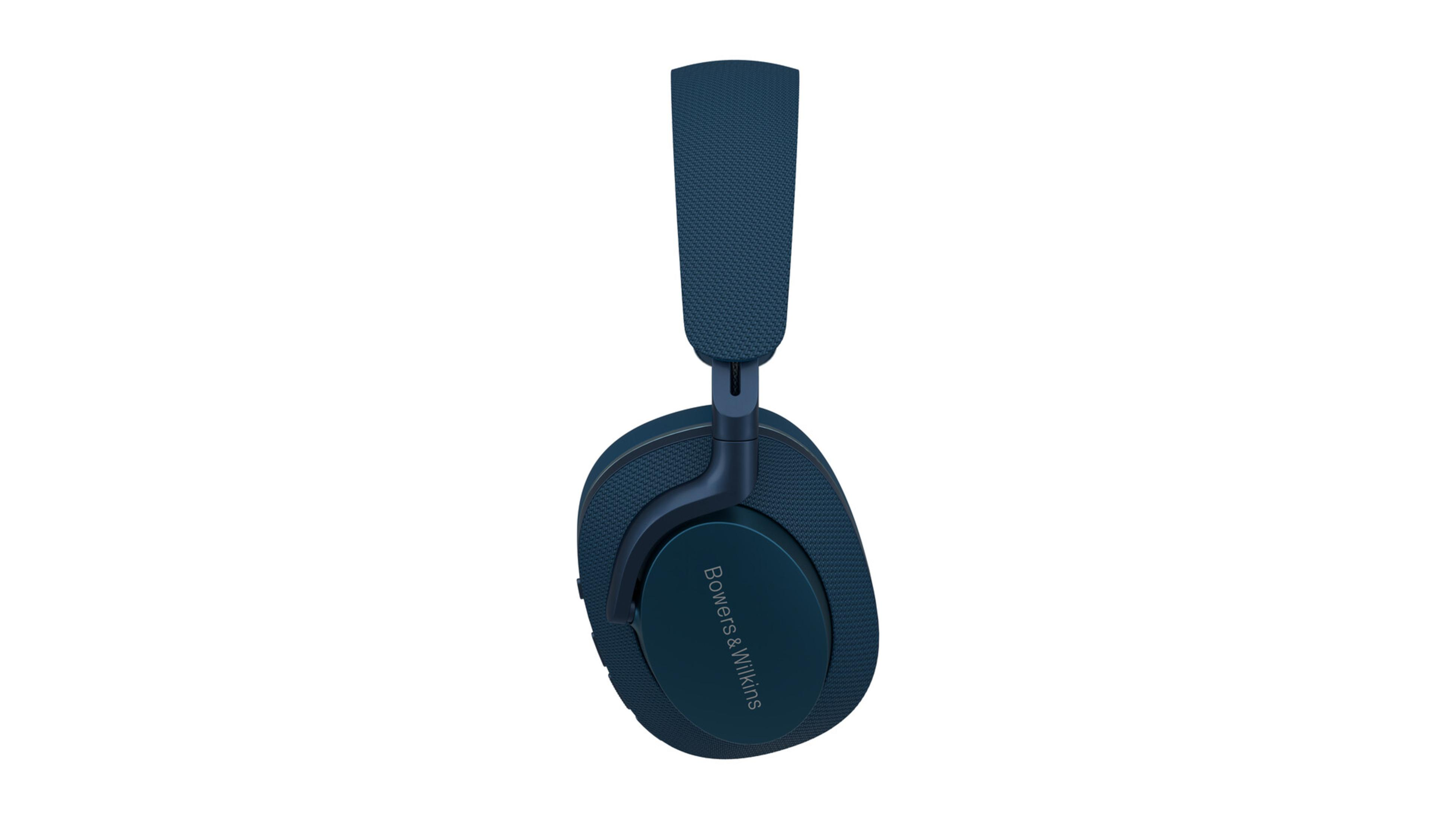 Blaue und dunkelblaue Kopfhörer. Der Markenname 'Bowers & Wilkins' ist auf einer Seite sichtbar.