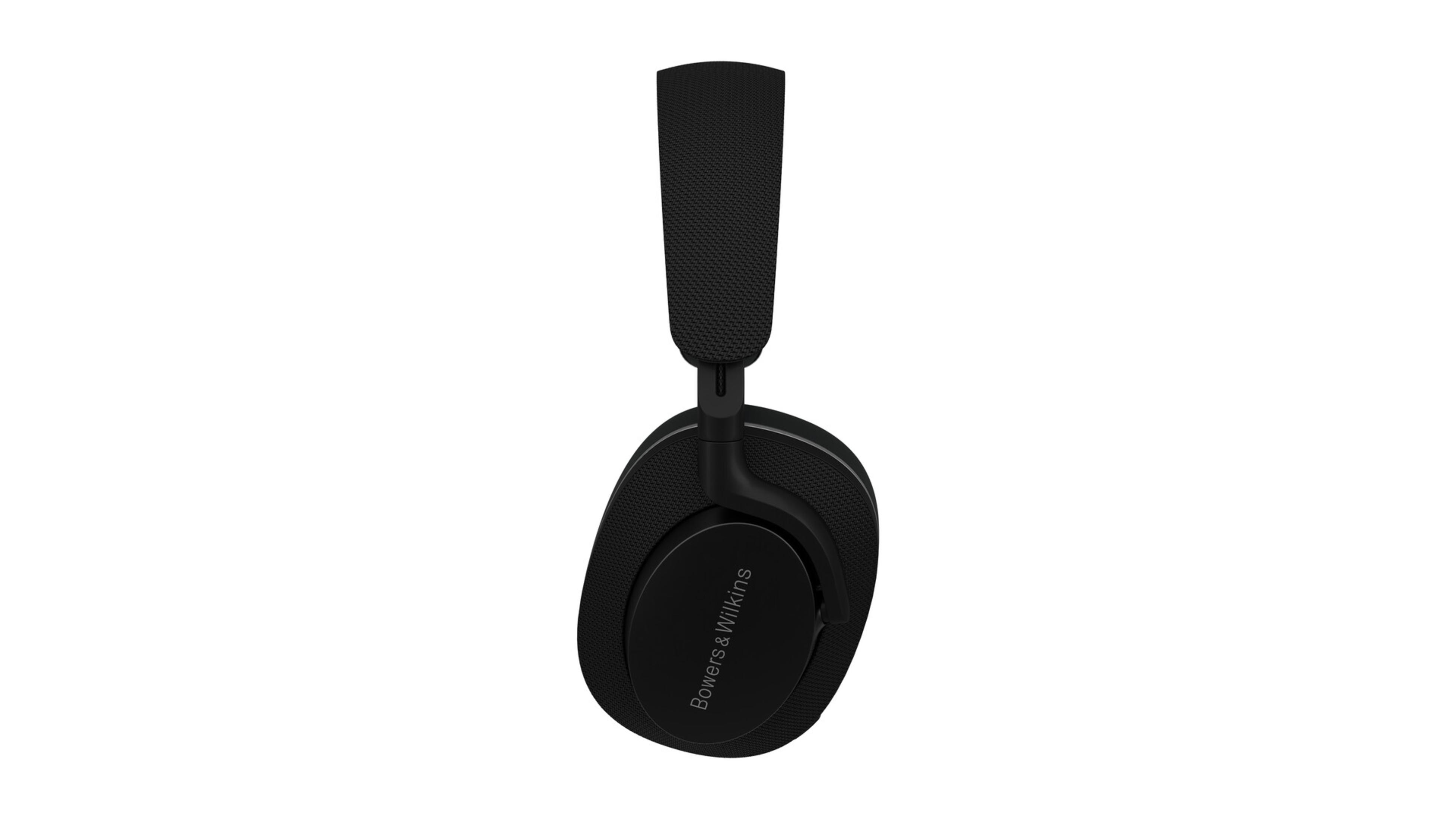 Cuffie Bowers & Wilkins nere. Vista laterale, su sfondo bianco.