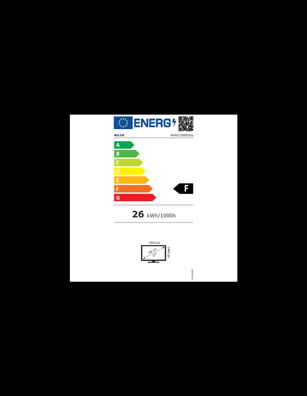 Etykieta energetyczna telewizora, pokazująca informacje o efektywności energetycznej i przekątnej 65 cm.