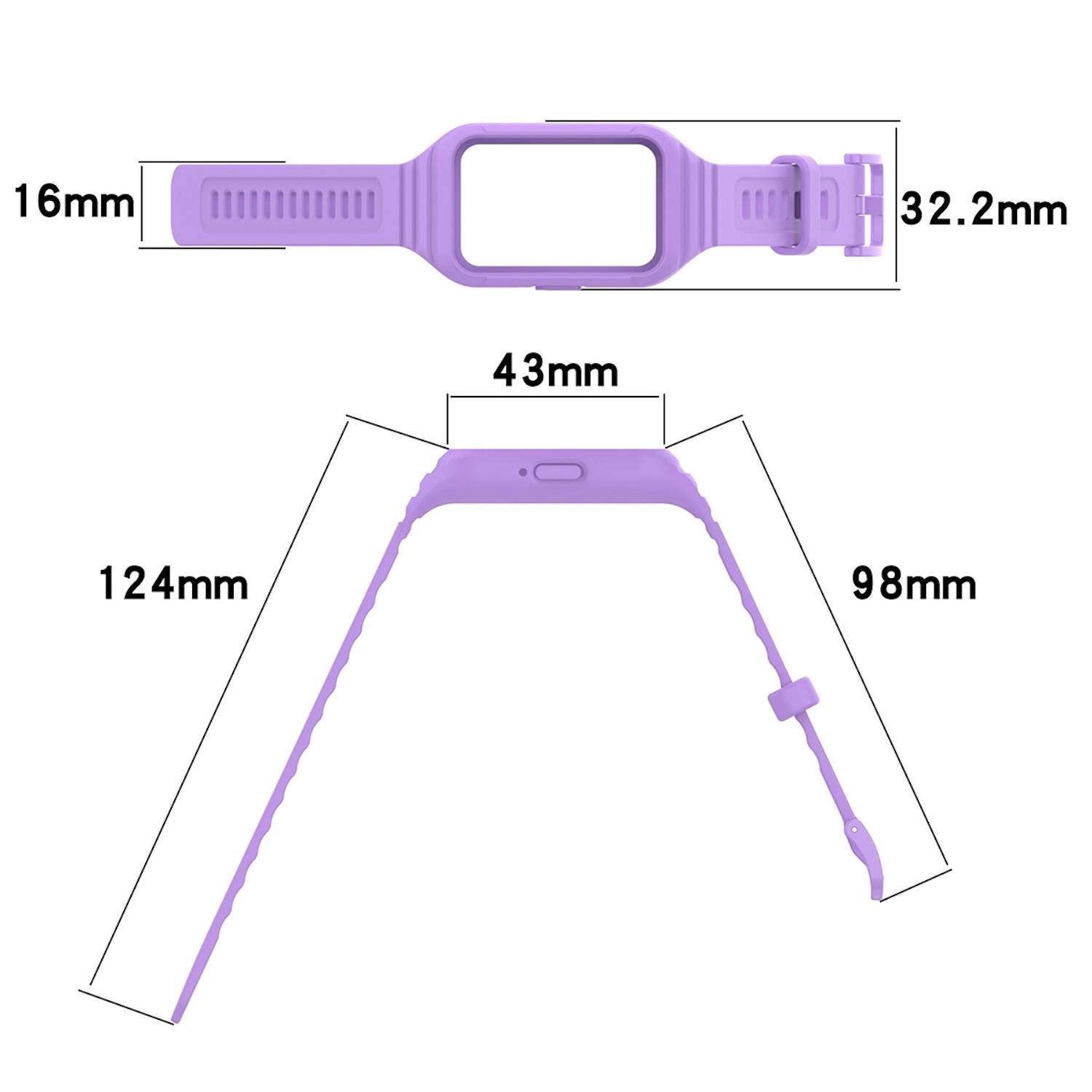 Helllila Uhrenarmband mit Maßen: 16 mm, 124 mm, 98 mm, 43 mm und 32,2 mm.