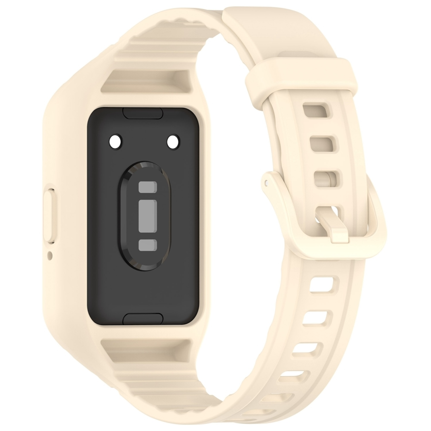 Ein cremefarbenes Smartwatch-Armband mit schwarzem Zifferblatt.