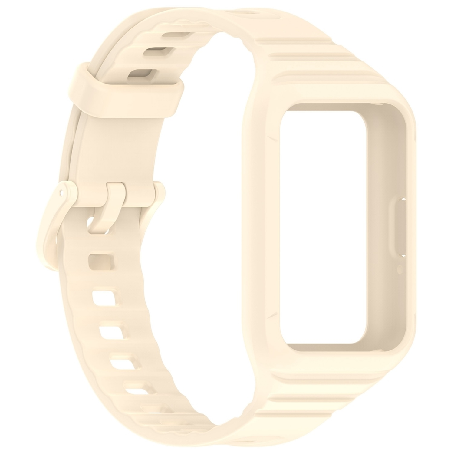 Ein hellbeige Uhrenarmband und -rahmen, isoliert auf weißem Hintergrund.