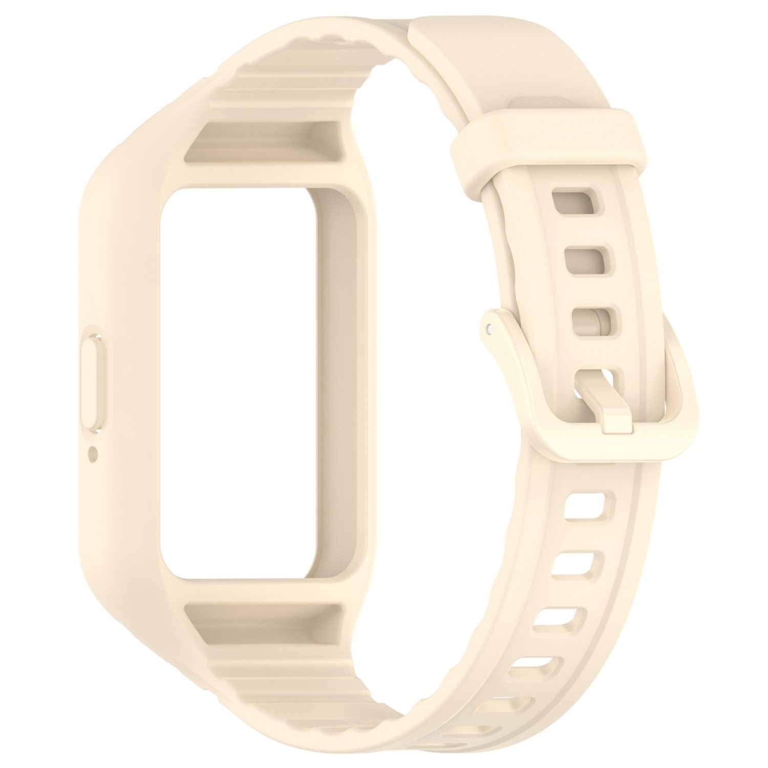 Cremefarbenes Smartwatch-Armband. Gebogenes Design mit Löchern zur Anpassung und einer Schnalle.