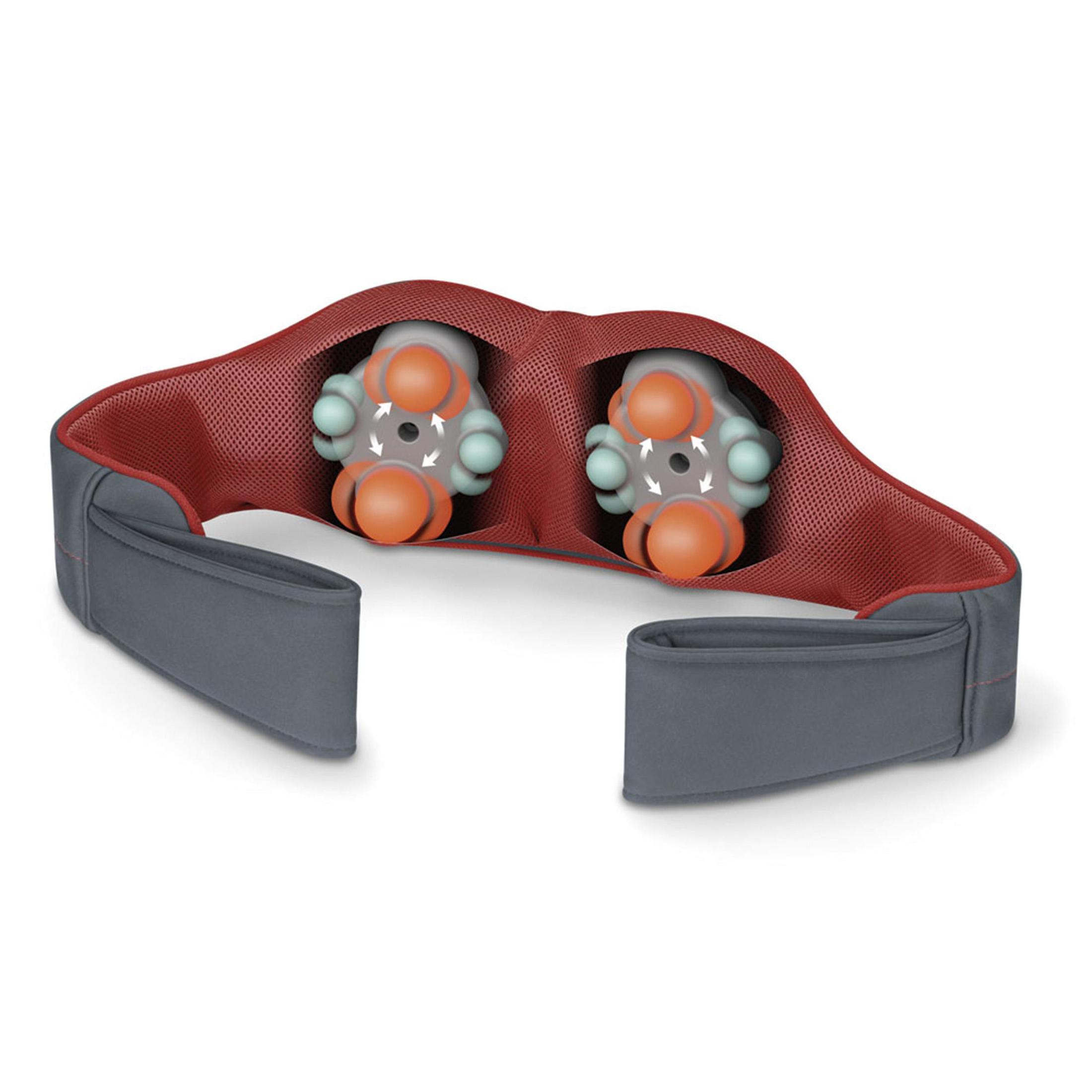 Ein roter und grauer Massagegürtel mit zwei Massageköpfen und grauen Riemen.
