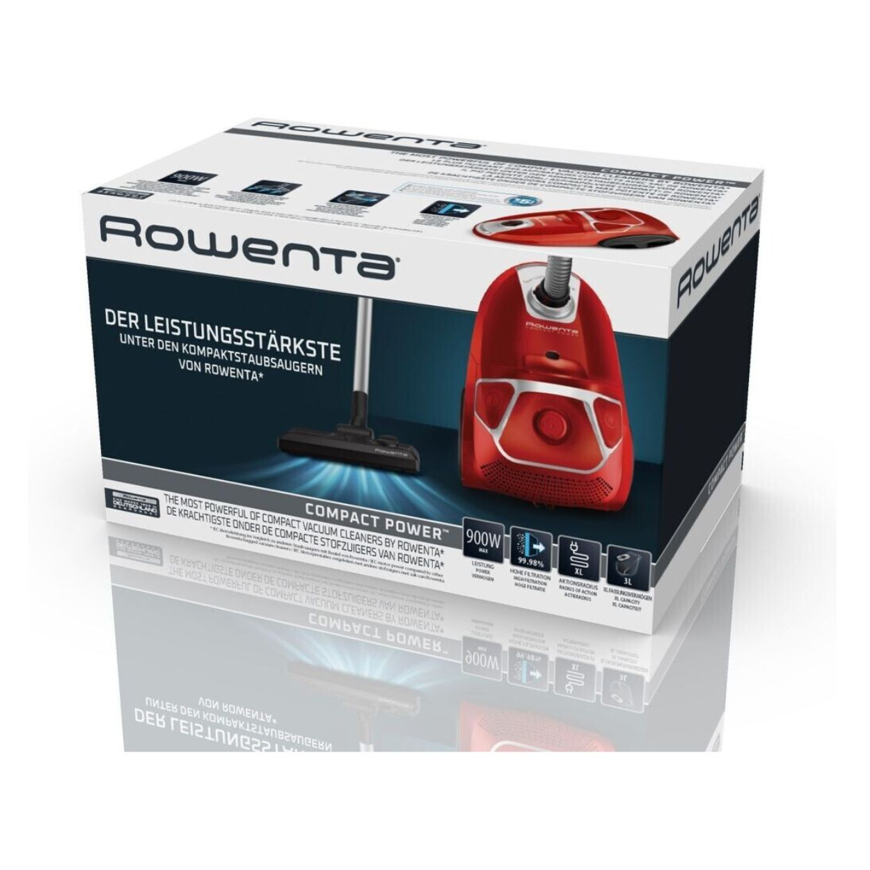Confezione di un aspirapolvere Rowenta Compact Power rosso con testo e immagini.